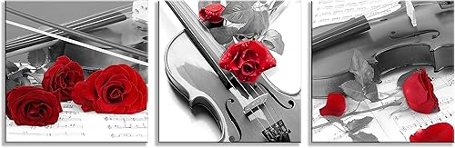 Miniatura 2 de NAN Wind 3 piezas de lienzo de 12 x 12 pulgadas, impresión de violín y rosa roja en blanco y negro moderno, giclée, estirado y enmarcado para
