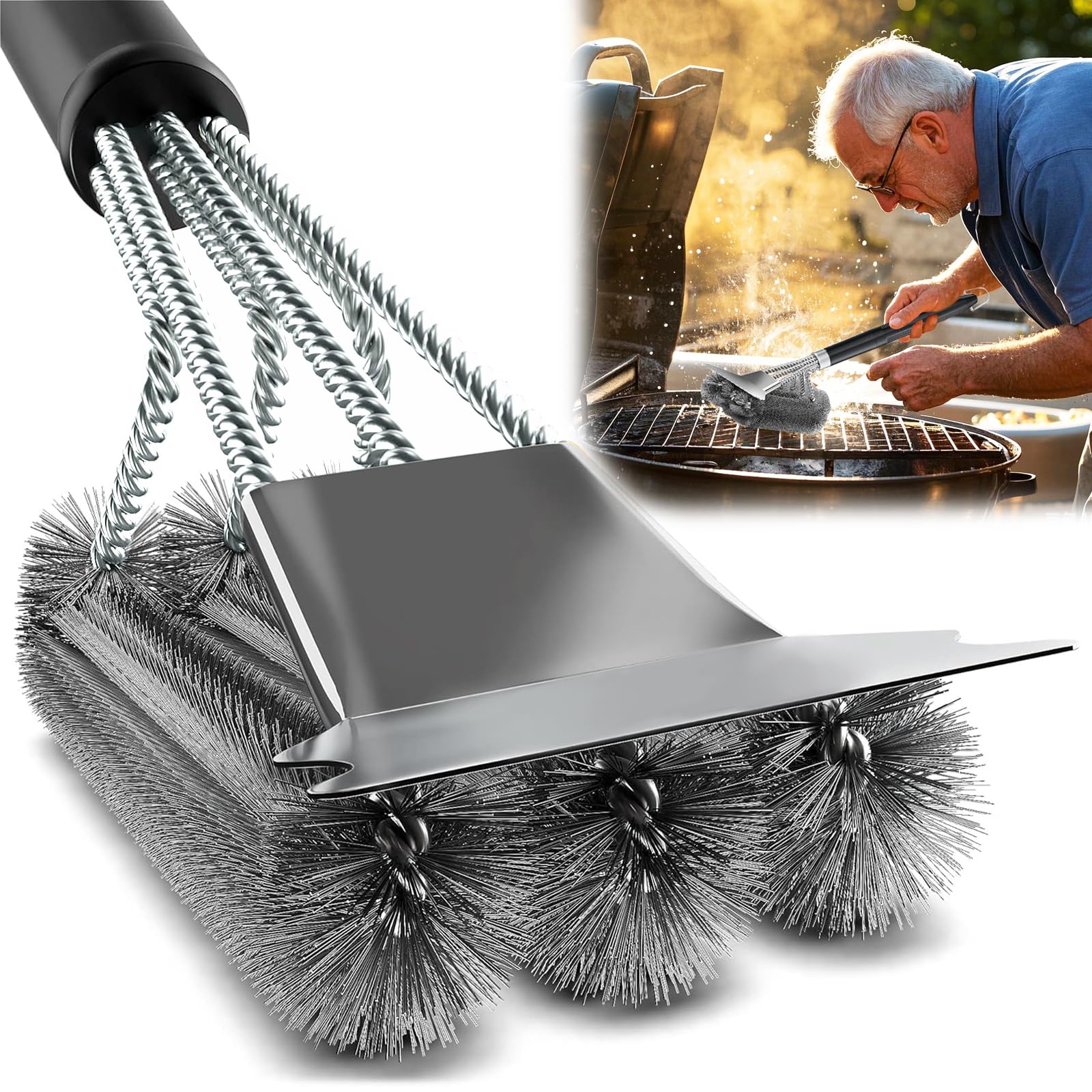 Cepillo Barbacoa Inoxidable, 42cm Cepillo de Limpieza para BBQ con Cerdas de Acero Inoxidable para Asar Porcelana, CarbóN, Gas, Electricidad Parrilla