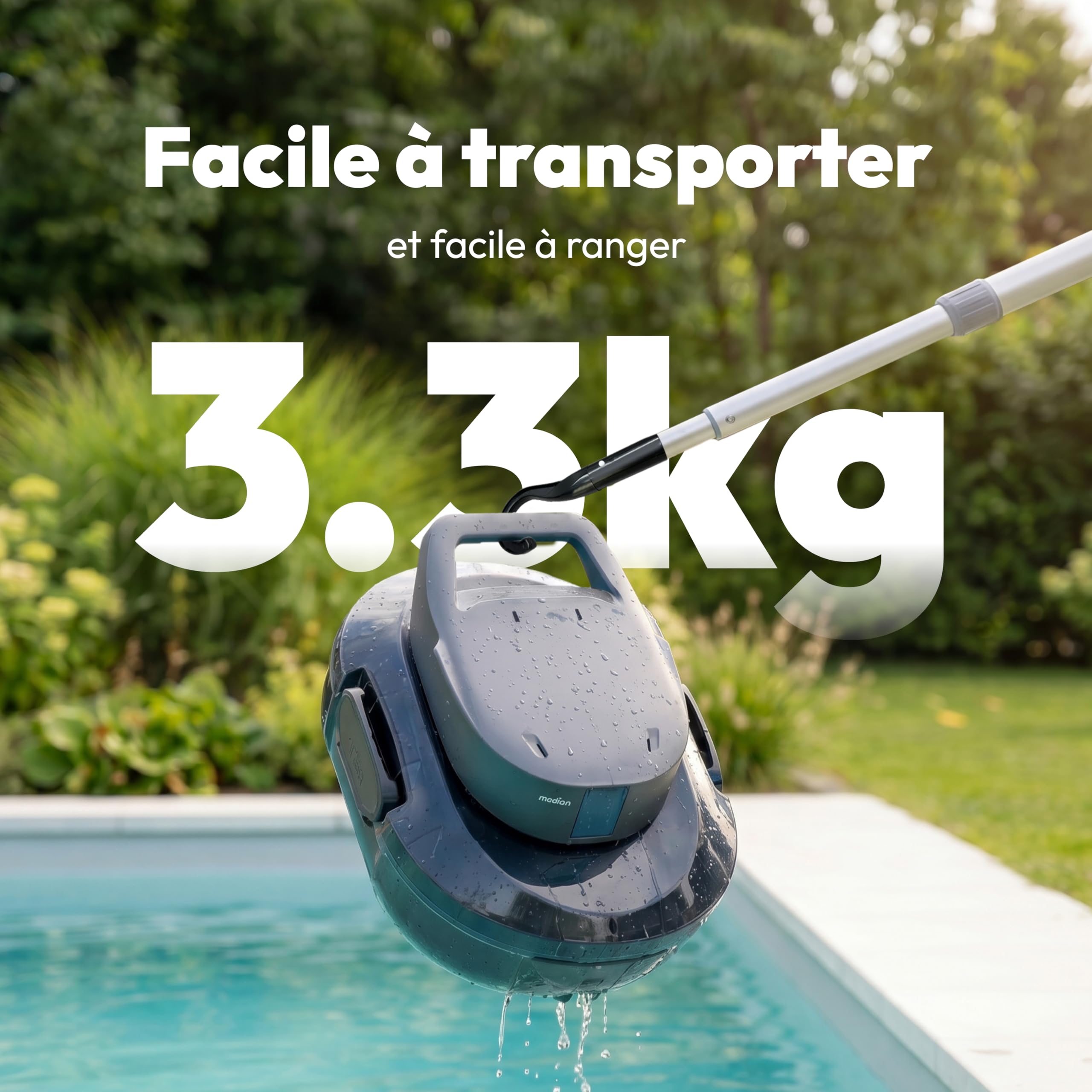 MEDION PR1 Robot de Piscine sans Fil, pour Piscine Hors-Sol, Nettoyage du Fond, Commande One-Click, Fonction autonettoyante, 120 Min autonomie, Filtre 2,2 L, pour 80–100 m², INCL. Chargeur et Crochet