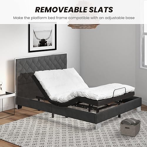 Miniatura 7 de Giantex Base de cama tapizada, plataforma moderna con cabecera de terciopelo capitoné con botones, marco de cama tamaño matrimonial, base de colchón