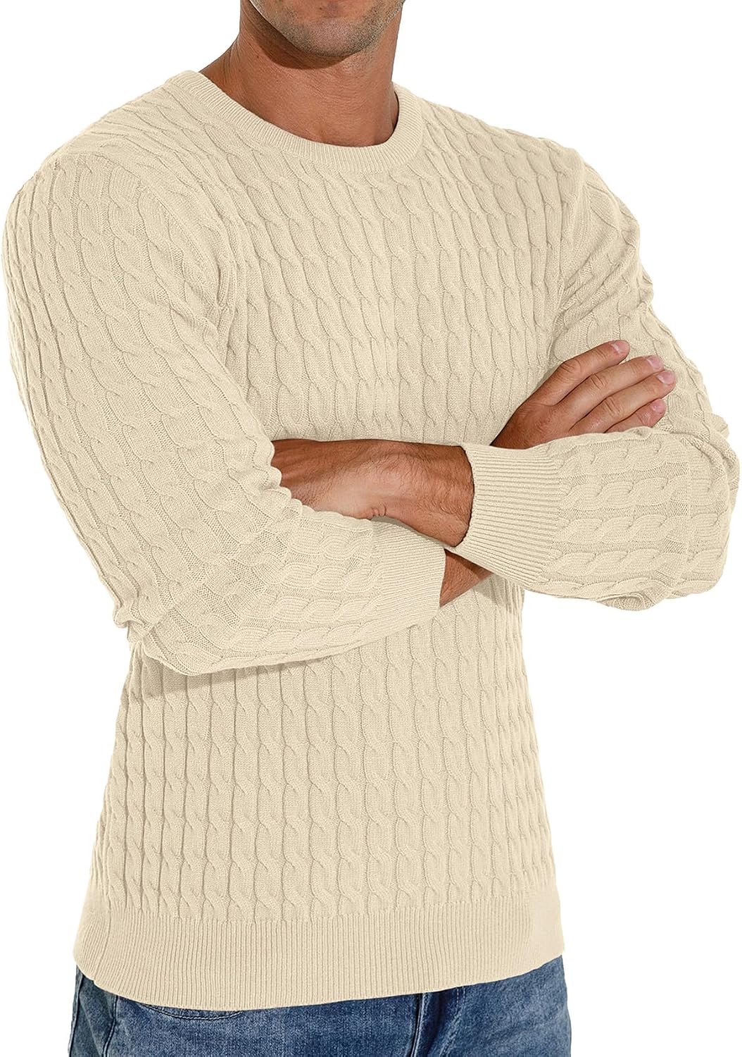 Askdeer Men's Crewneck Sweater Classic Soft Knitted Pullover Sweaters Beige