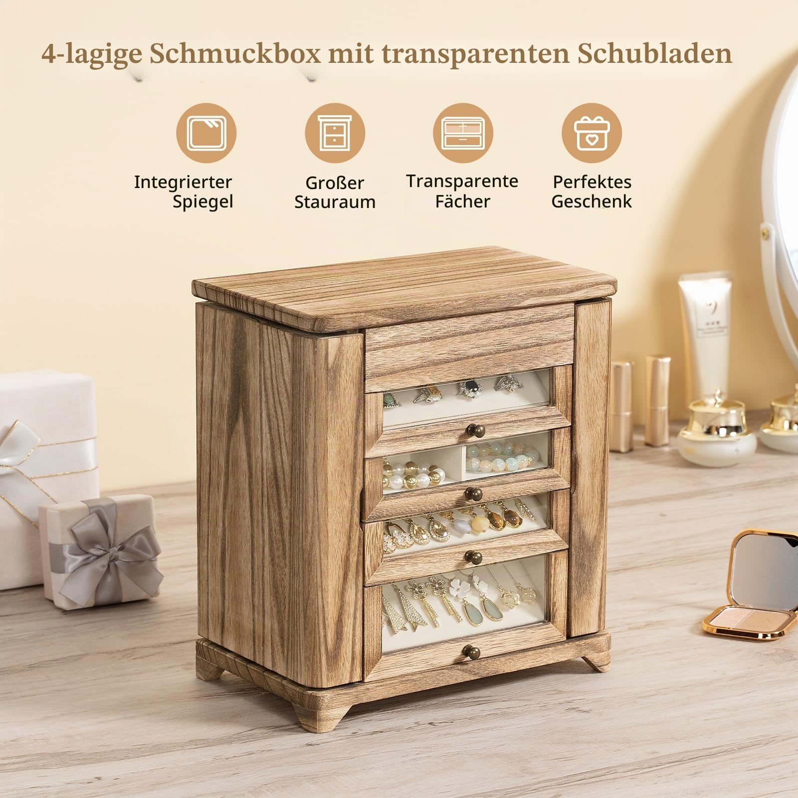 Große Schmuckschatulle und Organizer für Damen,für Halsketten Ohrringe Armbänder Ringe, 4 Ebenen Schmuck Organizer Schmuckbox mit Schubladen und Spiegel (Braun)
