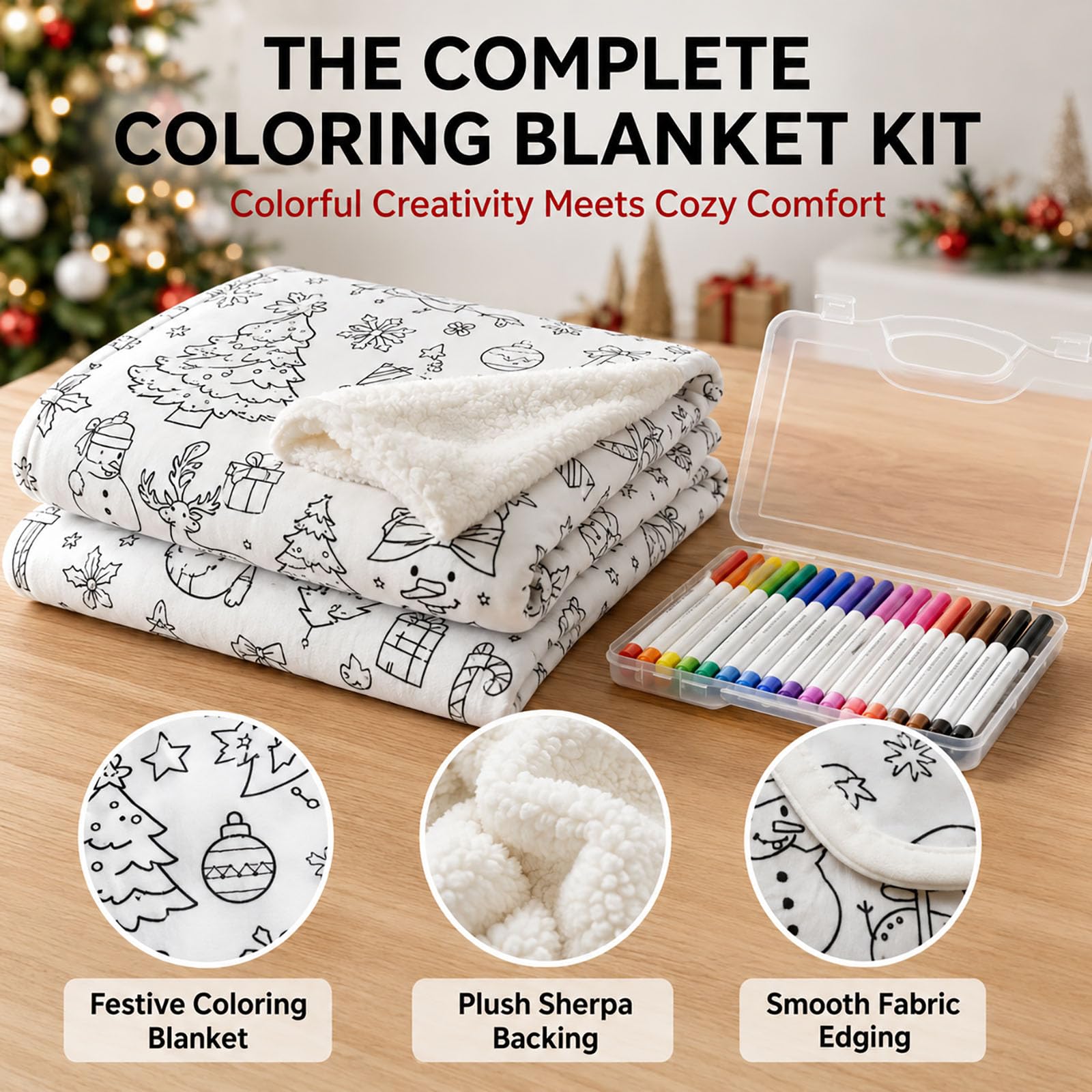 Adius Coperta da Colorare con Pennarelli, con 24 Pennarelli per Tessuti, Morbido Cartoon Lavabile, Set Divertente da Colorare, per Bambini, Studenti, Amanti del DIY (Bianco)