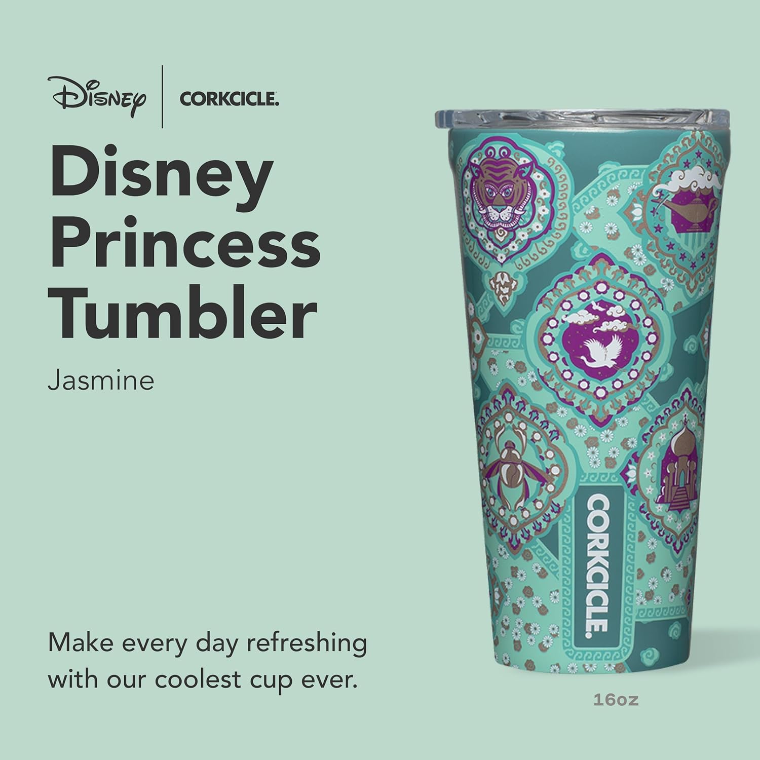 Corkcicle Disney Princess Tumbler - Insulated Stainless Steel Travel Cup - Cold & Hot Drinks - Reusable & Durable - Spill Proof Lid - Non-Slip Silicone Base - Easy Grip - BPA Free -16 oz - Jasmine - Image 2