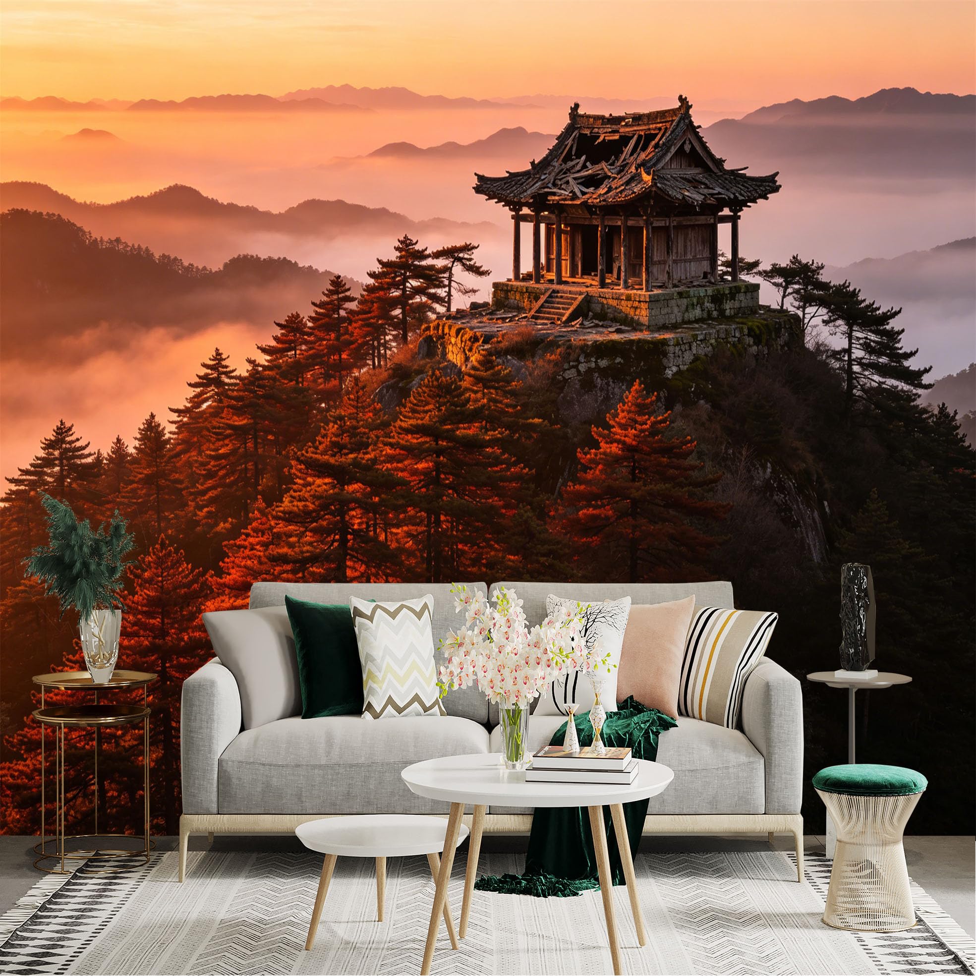 Custom Size Wall Sticker Mural， Ancient Mountain Temple at Sunrise with Autumn Forest and Misty Hills， for wall Decoration， peelandstick wall Decals.