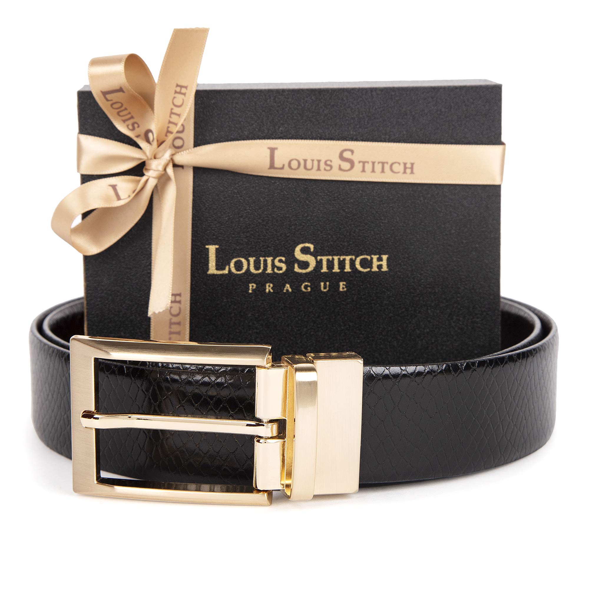 LOUIS STITCH Men's Reversible Black and Brown Italian Leather Belt with Golden Buckle (Prague_SNGD)