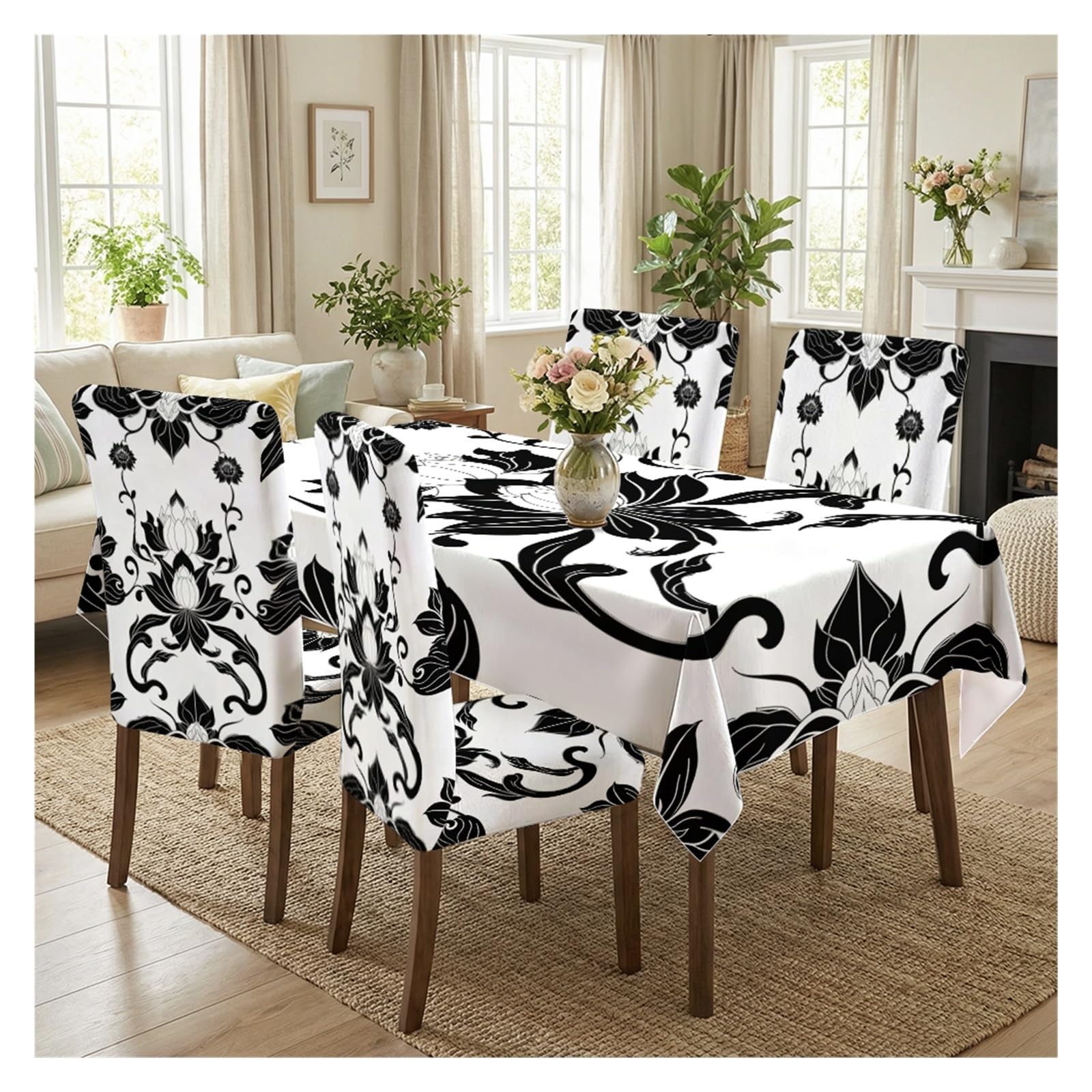 Nappe et housses de chaise lotus damas noir et blanc pour salle à manger