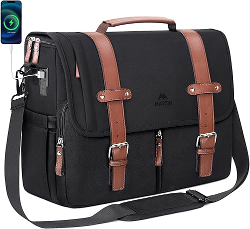 MATEIN Bolsa tipo mensajero con puerto de carga USB, bolsas para laptop de 15.6 pulgadas, maletín grande para hombre con correa para el hombro,