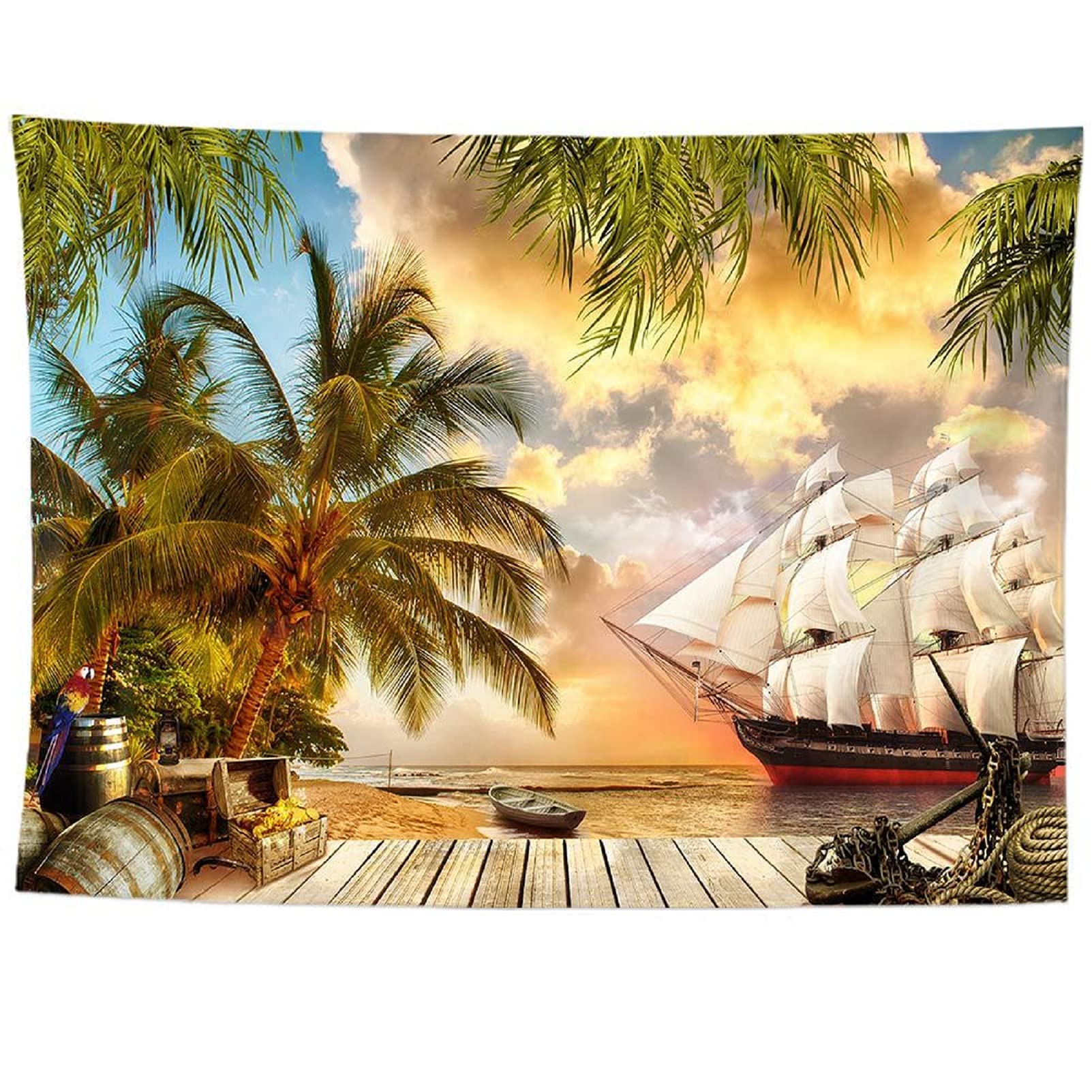 izielad House Décor Wooden Floor Sea Beach Sailboat Bedroom Living Room Dorm Wall Hanging Tapestry 130X150CM 51X59IN