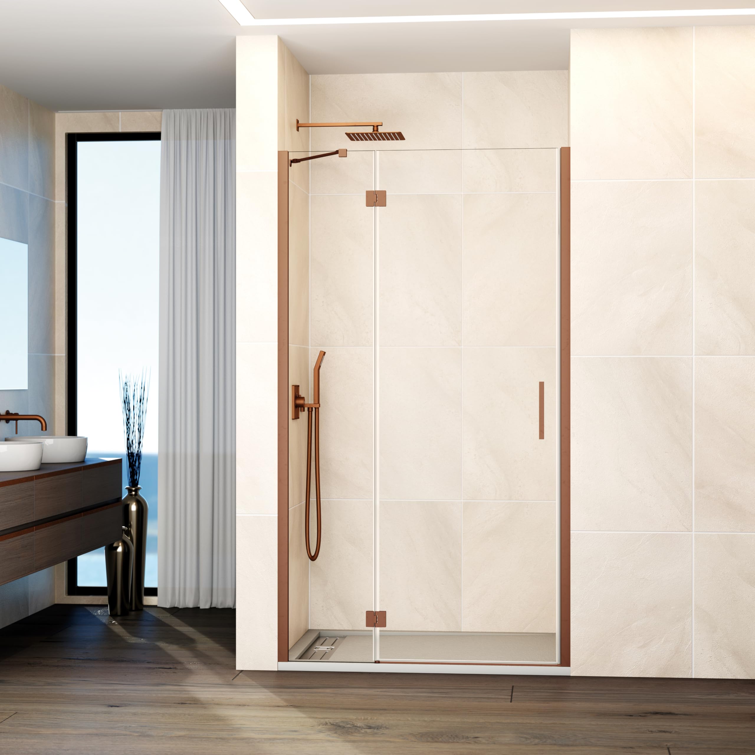 GME - Mampara Ducha Frontal 1 Puerta Fija + 1 Corredera 110cm Oro Rosa | Mampara de Cristal con Perfilería de Aluminio y 195cm de Altura | Cristal Templado 6mm Antical Y Cierre Magnético