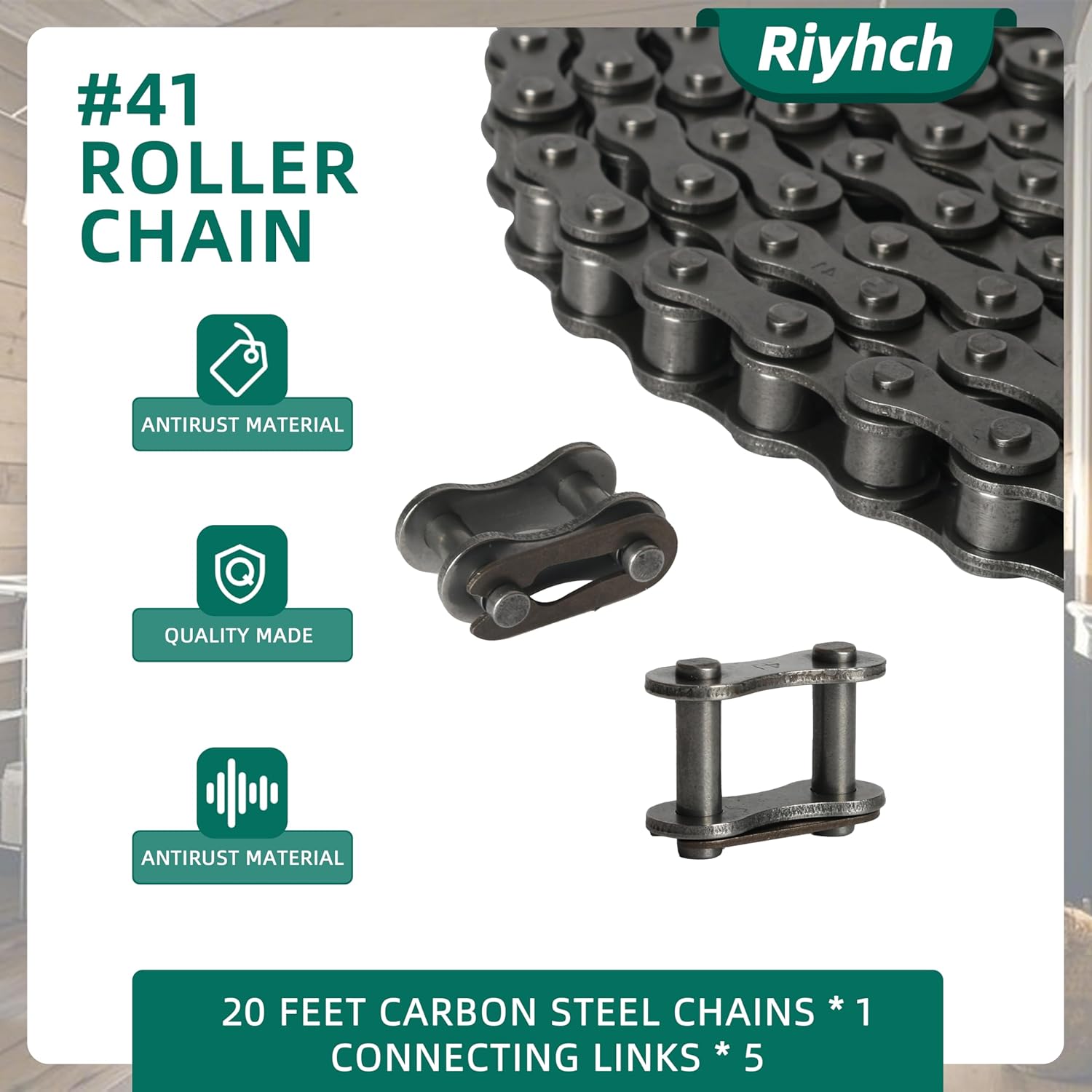 #41 Roller Chain 20 Feet Carbon Steel Chains with 5 Connecting Links Pitch for Chain Driven Sliding Gate Opener, Mini Bikes, Scooters, Garage Hanger Door Karts Bike