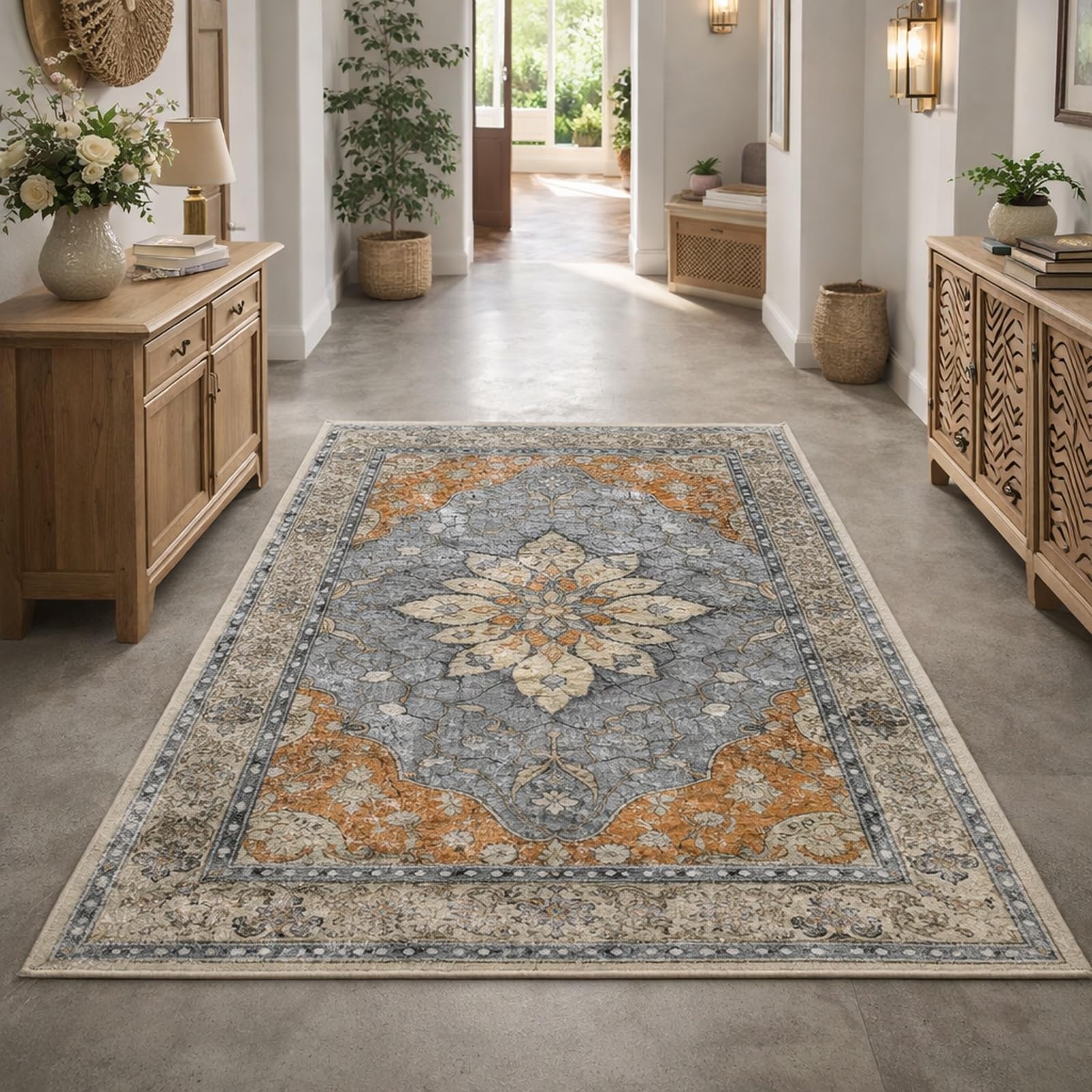 Rug for living room : tapis de salon poils ras gris beige orange 120x200
