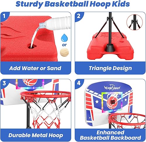 Miniatura 7 de Eaglestone Aro de baloncesto para niños con luces LED y marcador, altura ajustable de 2.9 pies a 6 pies, mini aro para exteriores con 3 bolas,