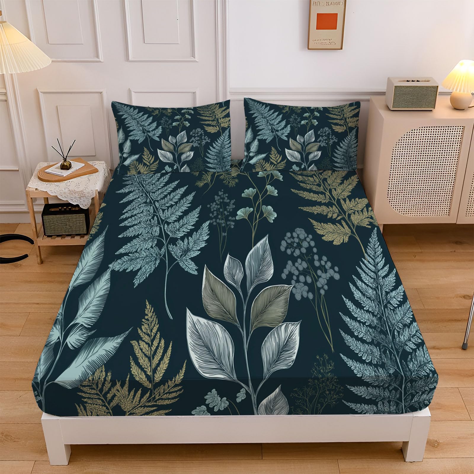 Sábanas 200X190/200Cm - Juego De Sábanas 3 Piezas Estampadas Helecho Dibujado A Mano - Microfibra Suave Transpirable - Sábana Bajera Ajustable - Ropa De Cama Plantas Vintage (Turquesa)