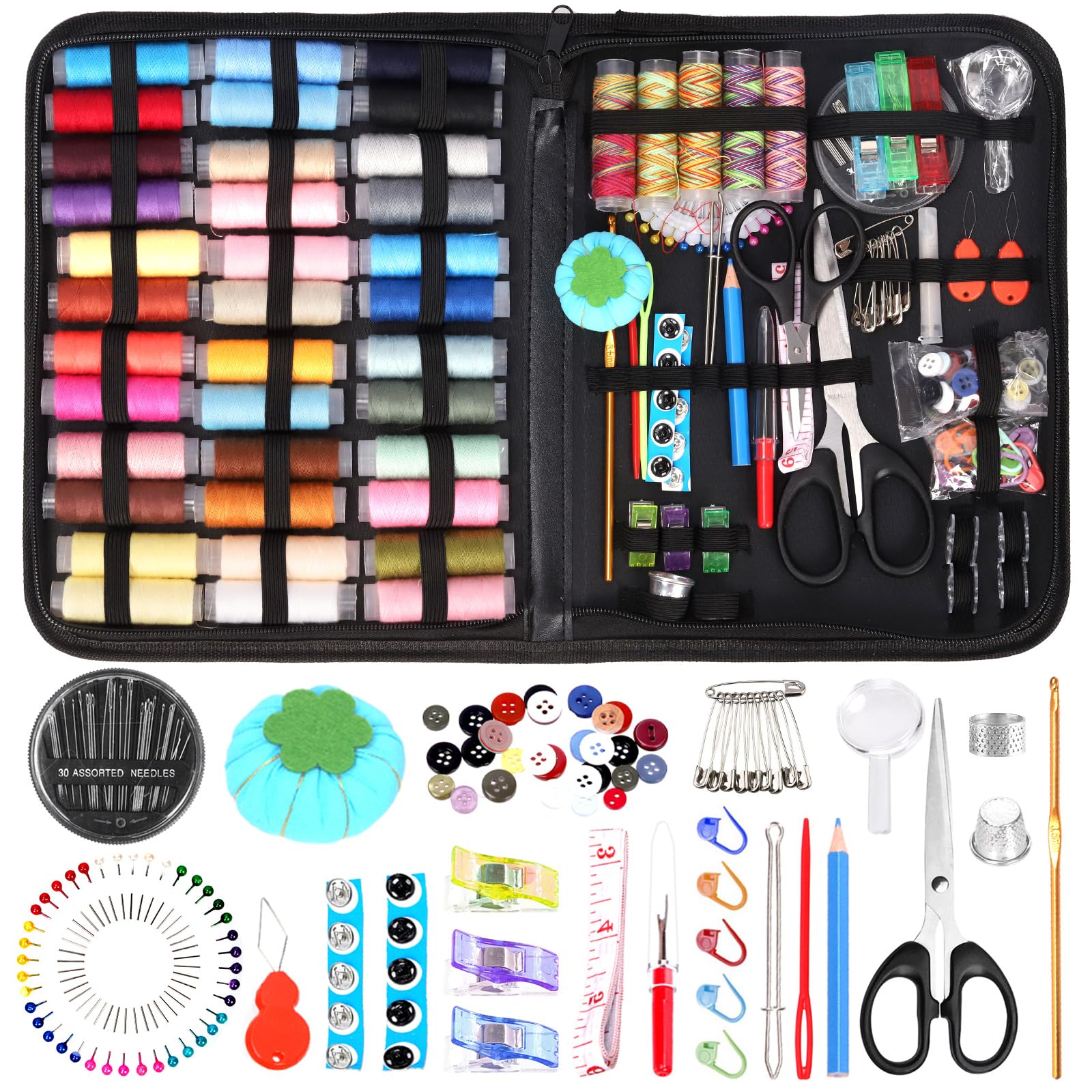 Keadic206Pcs Portable Mini Sewing Kit with Case Contains 41 XL Thread Spools Needles Scissors Thimble and Clips, Basic Sewing Repair Kits for Beginners Traveller and Emergency Clothing Fixes