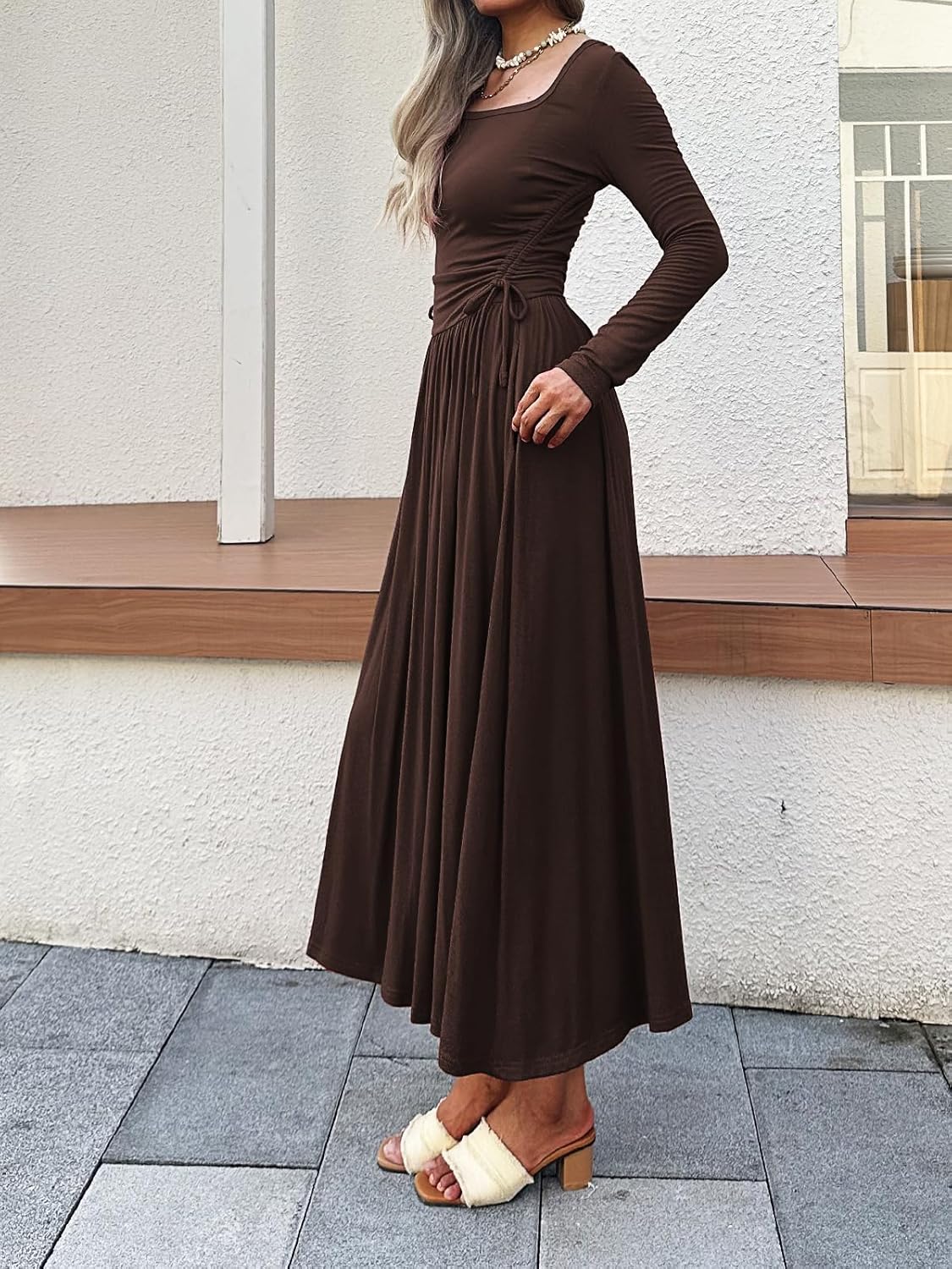 Women’s Long Sleeve Square Neck Maxi Dress Adjustable Waist Tie Casual Flowy A-Line... - Image 4