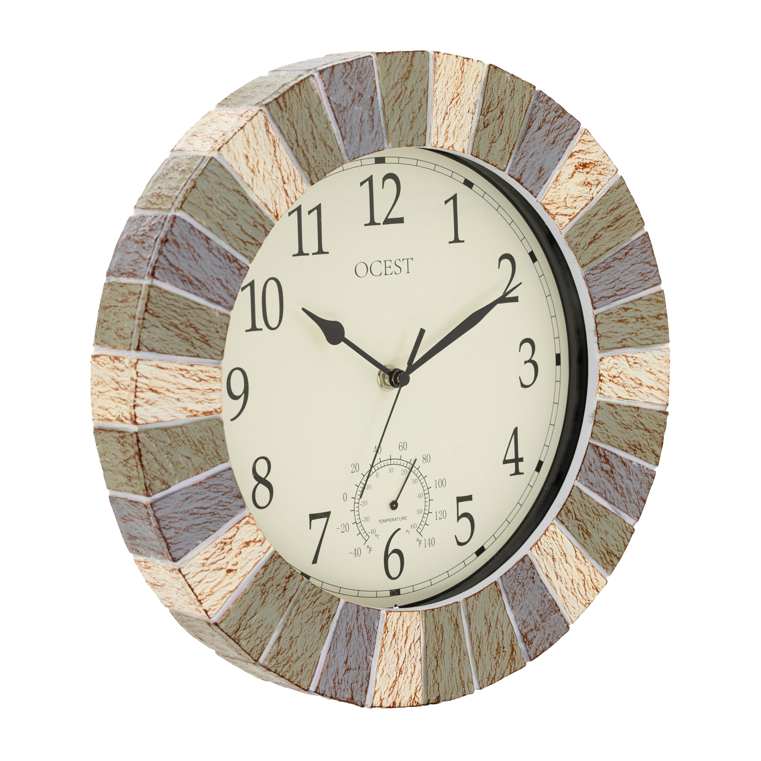 OCEST Reloj de 13 pulgadas para interiores y exteriores, impermeable, con termómetro, resistente a la intemperie, funciona con pilas, reloj decorativo para patio, piscina, porche, jardín (gris retro)