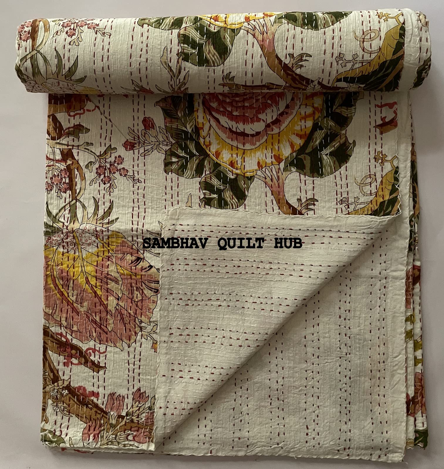 Blok ręczny kwiatowy nadruk ręcznie wykonany blok bawełniany Kantha pikowanie pościel boho narzuta koc hipisowska królowa / king size bohema kwiatowa kołdra Kantha (biała 2, 60 x 90