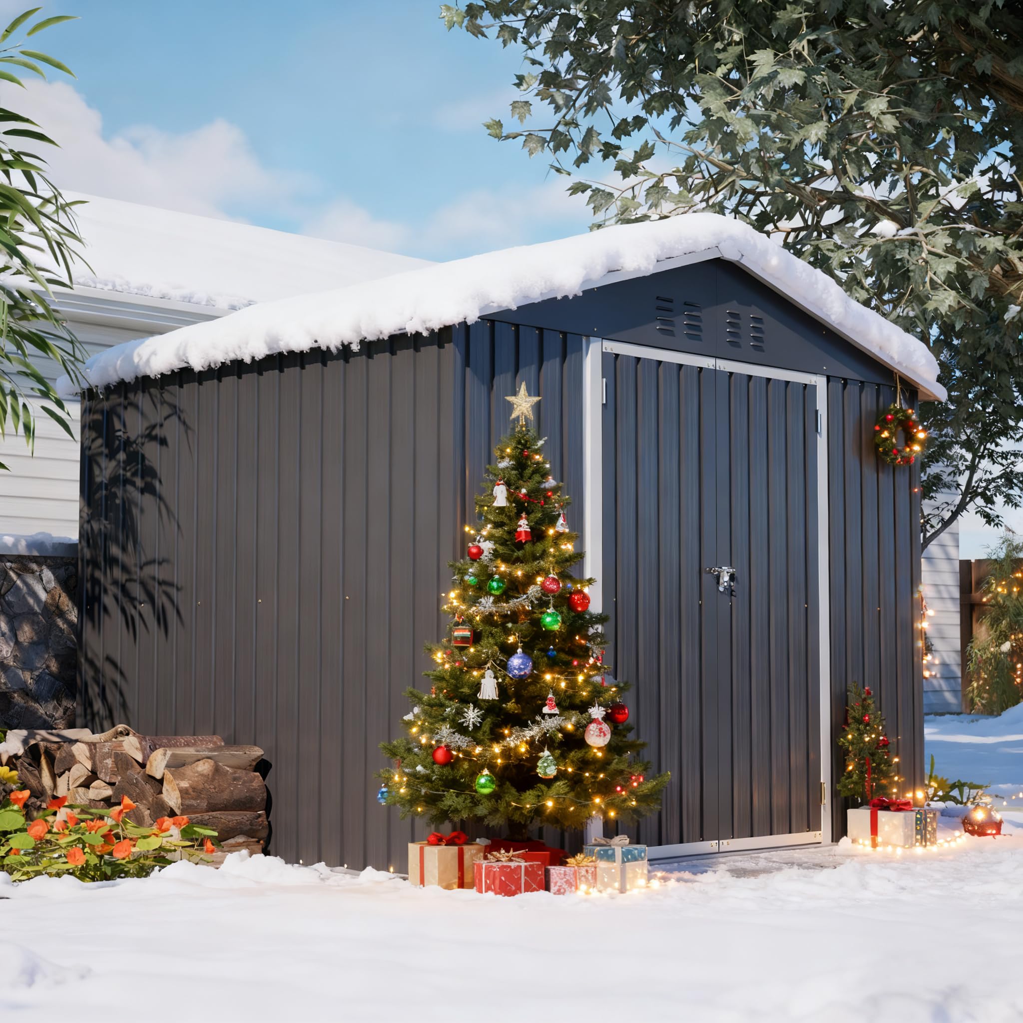 Thanaddo 8×6ft Gerätehaus Metall Groß Geräteschuppen 240x192x191 cm mit Fundamentrahmen, Wetterfest Gartenhaus mit Satteldach & Abschließbarer Tür, Gartenschuppen für Outdoor Garten Hinterhof, Grau