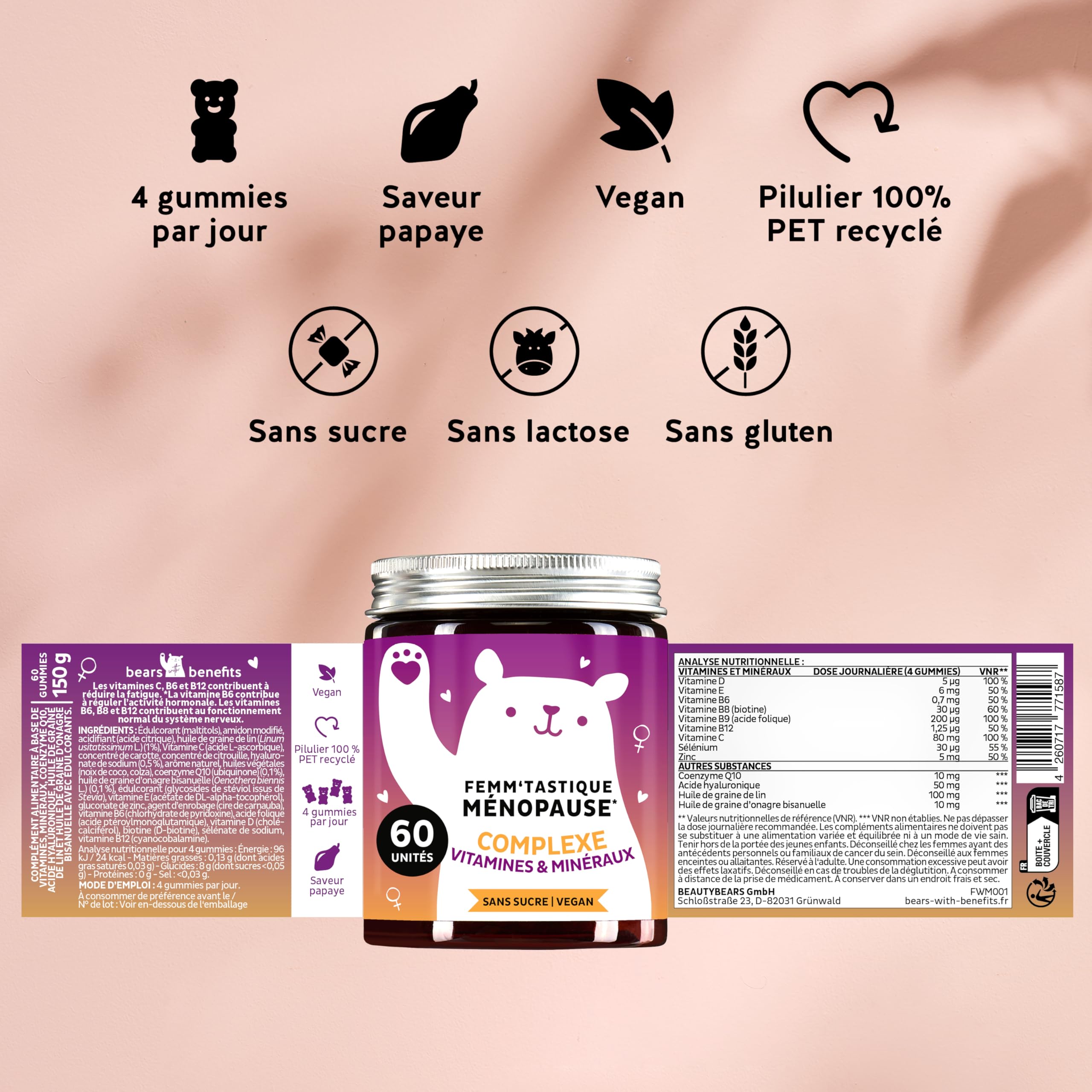 Femm'tastique Ménopause - Complexe vitamines et Minéraux - Vitamine C, D, E, Vitamines B, Zinc, Huile de graine de lin, CoQ10, Acide Hyaluronique - 60 unités - Vegan, Sans Sucre - Bears with Benefits