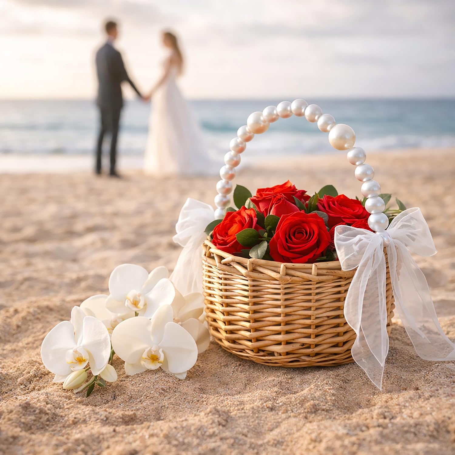 Wedding Wicker Basket with Boho Style, Handwoven Rattan Basket for Flower Girl, Aisle & Reception Decor, Reusable Storage Basket for Home Use (1P)