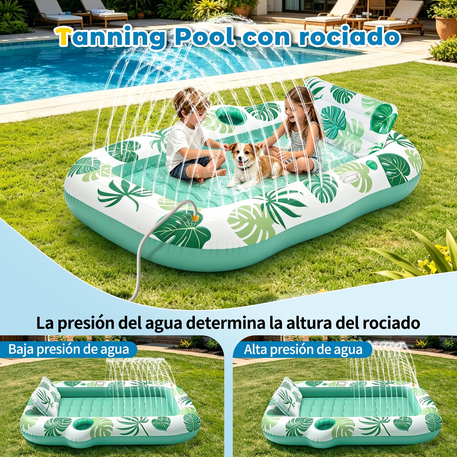 JONRRYIN Colchoneta Piscina Adultos, Tanning Pool con Función de Rociado y Portavasos, Colchoneta Hinchable 215×150 cm, Hamaca Hinchable Flotador para Playa y Agua