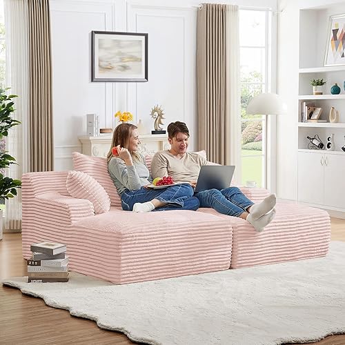 Oversized Chaise Lounge Chair Indoor,78.7"W Upholstered Corduroy Cloud Sofa Boneless Couch,Modern Deep Seat Comfy Sofa Chair,Loveseat Sleeper Couch Bed for Livingroom,Bedroom,No Assembly(Pink)