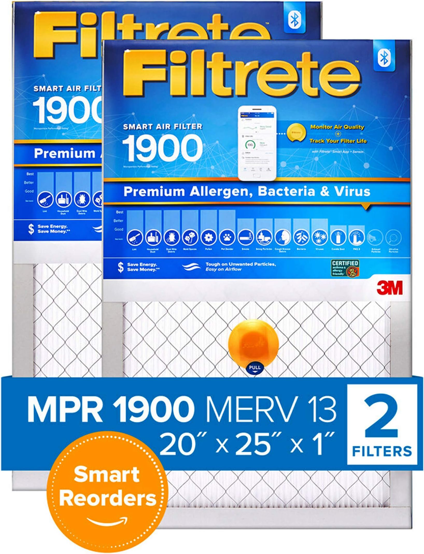 Filtrete 20x25x1, Smart Replenishable AC Furnace Air Filter, MPR 1900, Premium Allergen, Bacteria & Virus, 2-Pack (exact dimensions 19.72 x 24.72 x 1.1)
