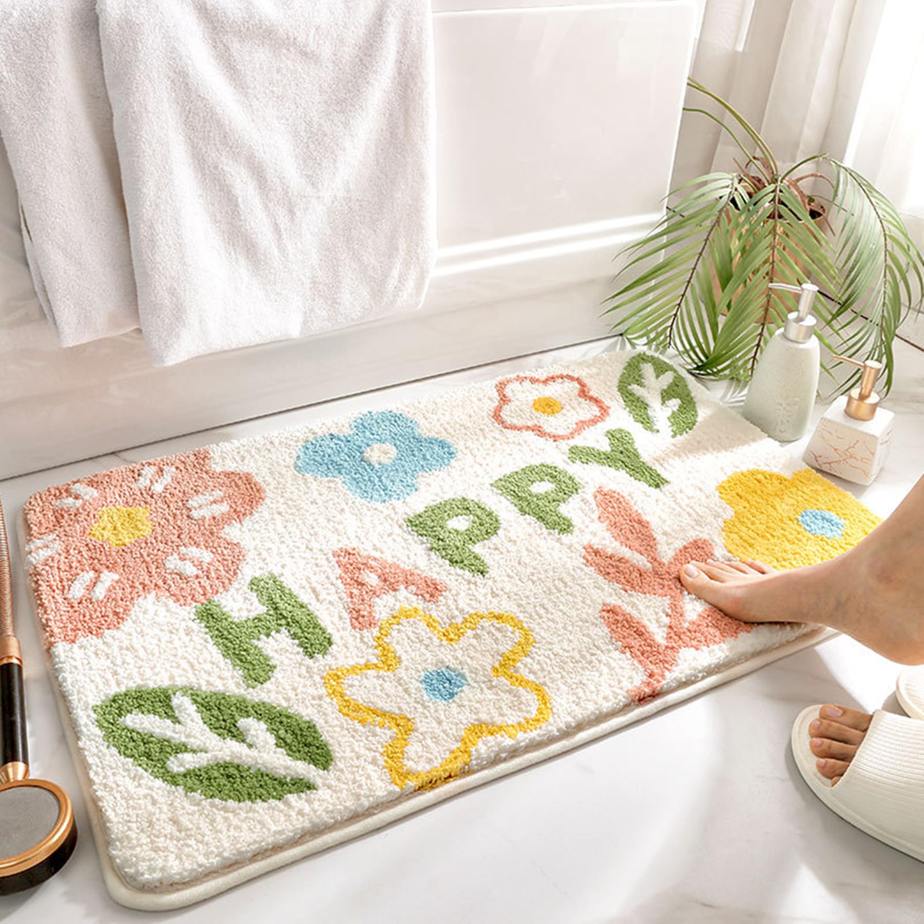 Trlyane Non-slip Bathroom Rugs, 50x80cm Flower Bath Mat, Super Absorbent, Machine Washable, Soft Shower Mat
