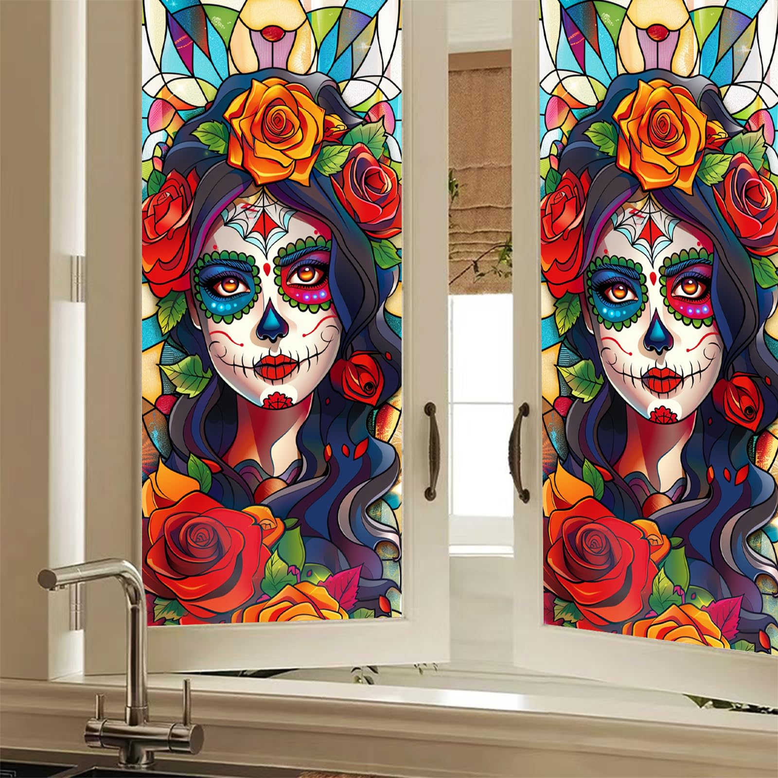 HOMETITUTE Day of The Dead Katrina Skull Window Cling 18 x 39 Inch Stained Glass Style Sugar Skull Woman Roses Colorful Static Privacy Film Halloween Decor