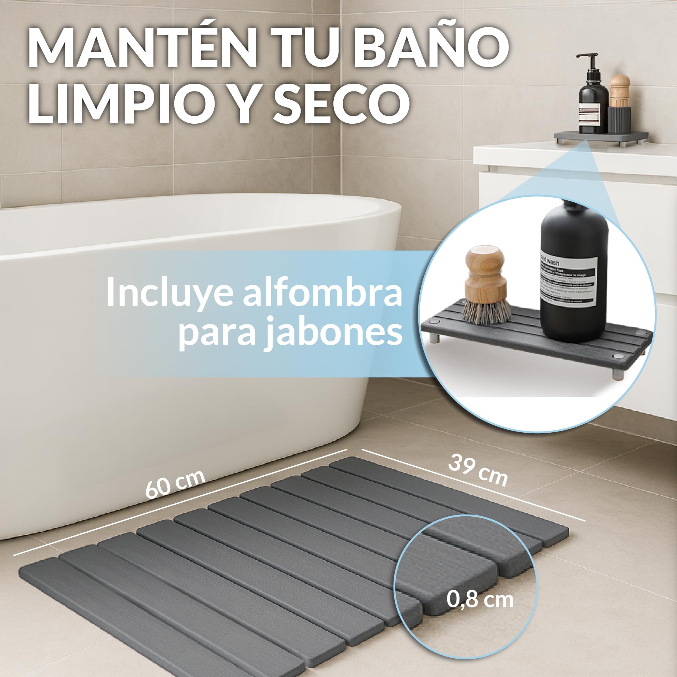 Alfombra de Baño Diatomita Secado Rápido Antideslizante 60x39 cm, Alfombrilla Piedra Absorbente para Ducha, Incluye Soporte para Jabón, Base de Silicona y Lija de Mantenimiento - 5