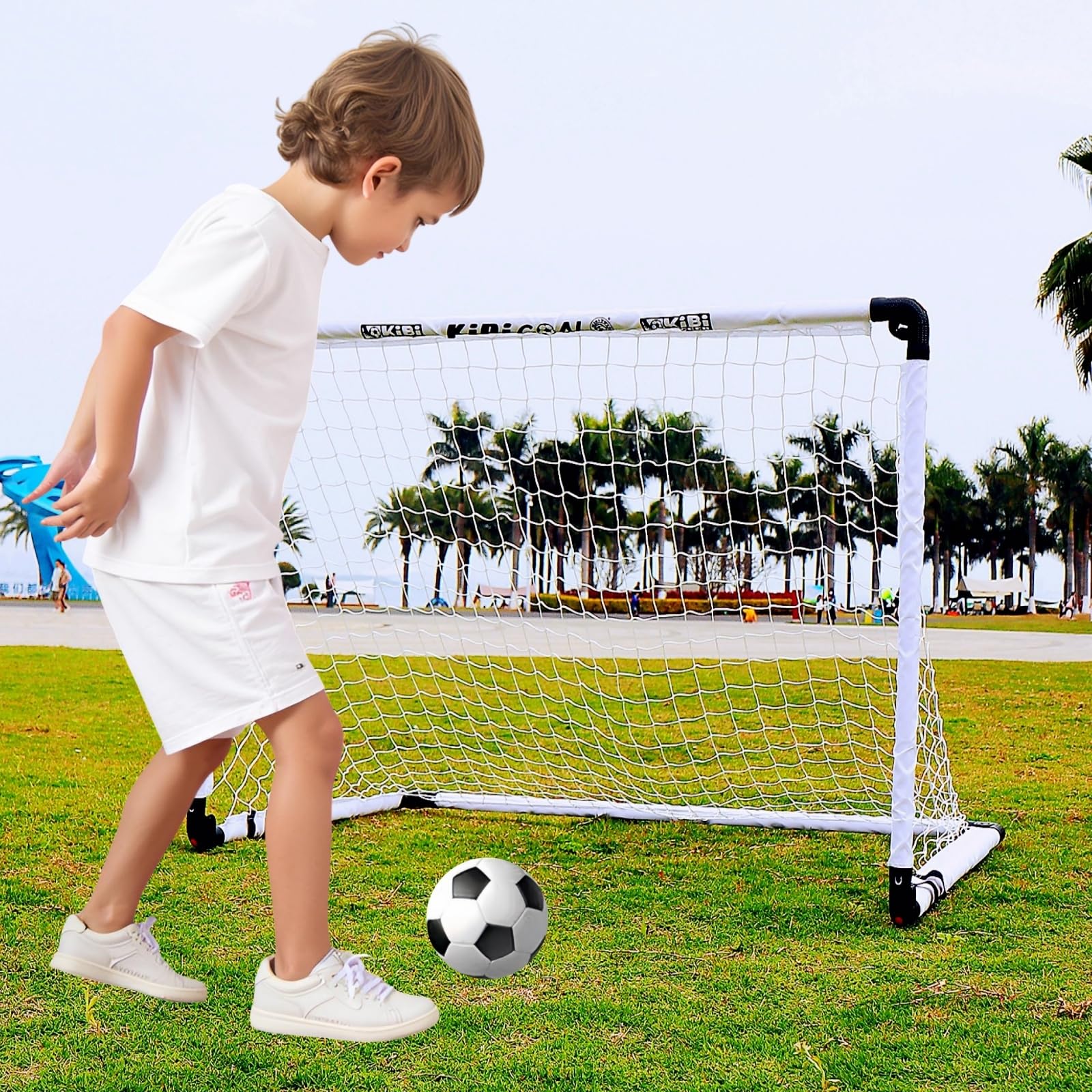 Set di porte da calcio per bambini, portatili, pieghevoli, per giardino, interni ed esterni, giocattolo da calcio, regalo per bambini (115 x 80 cm, set di porta bianca)