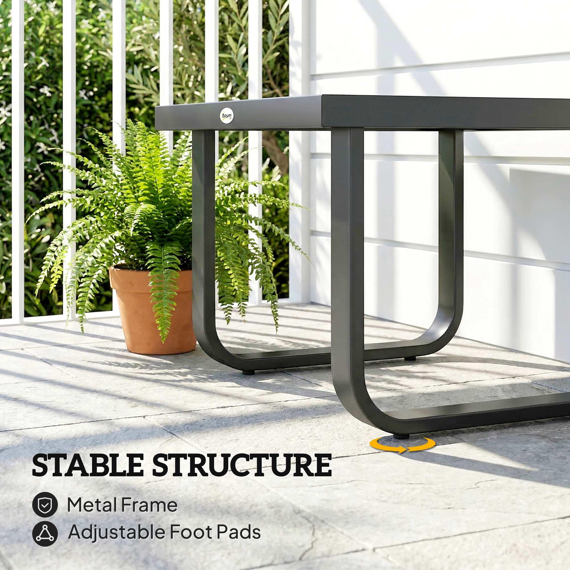 Outsunny Metal Garden Coffee Table, Outdoor Rectangle Side Table with Tempered Glass Tabletop and Adjustable Foot Pads for Terrace, Balcony, Patio, 45 x 45 x 33 cm, Black — view 6