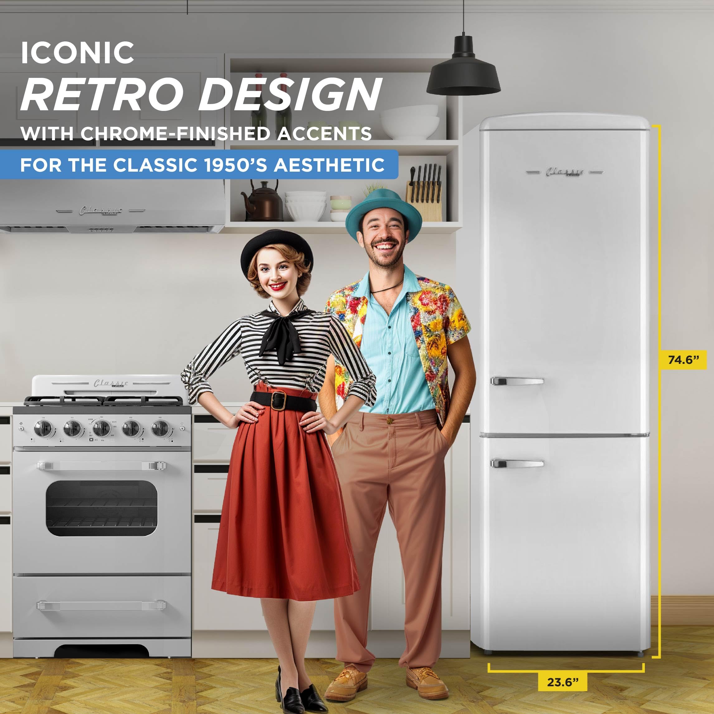 Unique Appliances Classic Retro Refrigerator, Electric Bottom-Mount Fridge with Intuitive Control Panel, 4 Glass Shelves, and 3 Freezer Drawers, Frost-Free, 12 cu./ft., Marshmallow White on Fridge.com