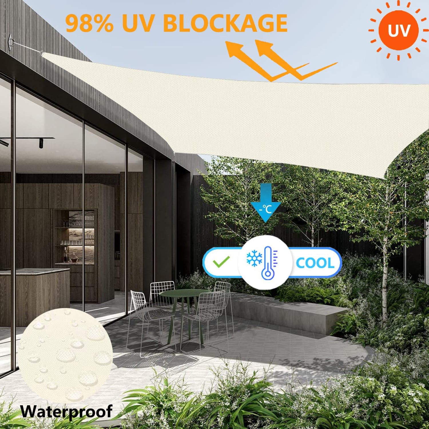Vela Ombreggiante Impermeabile Tenda da Sole per Esterno Vele Ombreggianti Rettangolare Telo Parasole con Anello D Corda Protezione UV Tenda a Vela per Giardino Balcone Terrazza Crema 2x3M