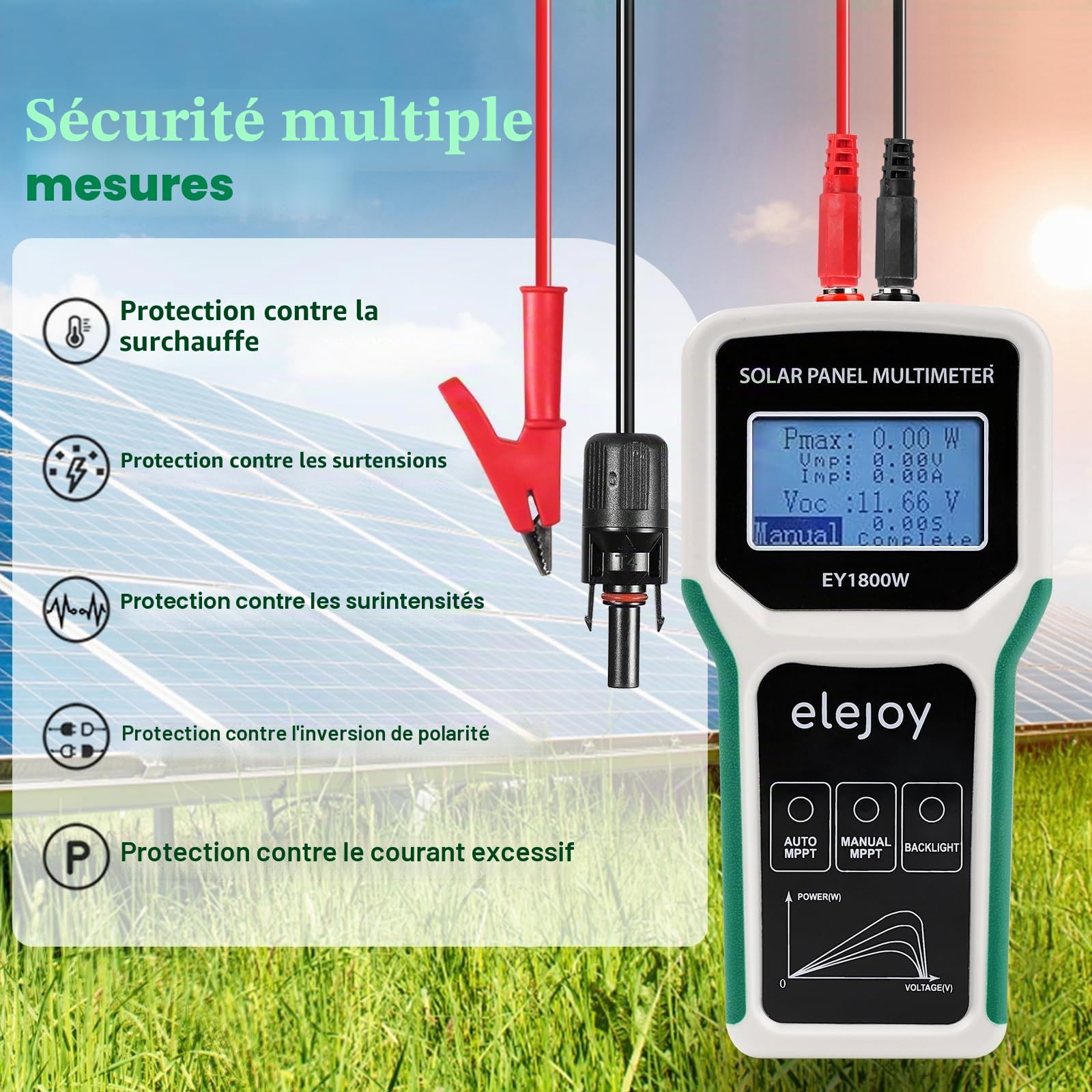Testeur de panneau solaire 1800W multimètre de panneau Testeur solaire Optimiseur pour mesurer la puissance des panneaux solaires, pas plus haut que DC 20-120V 60A.
