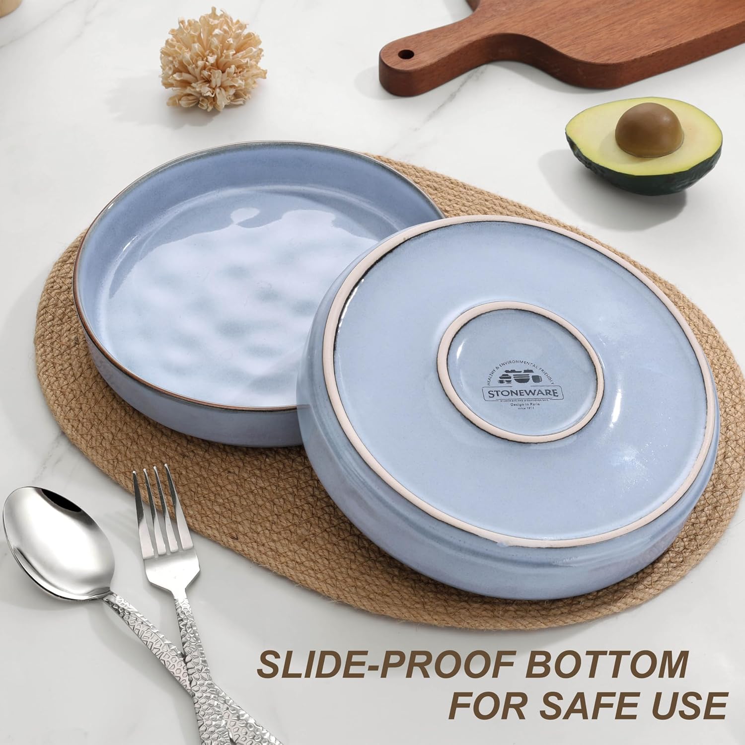 Herogo 34oz Stoneware Plates and Bowls Set of 4 for Salad Soup Cereal, Large Wide Shallow Stackable Serving Ceramic Pasta Bowls Dishes Sets, Microwave & Dishwasher Safe, Haze Blue - Image 4