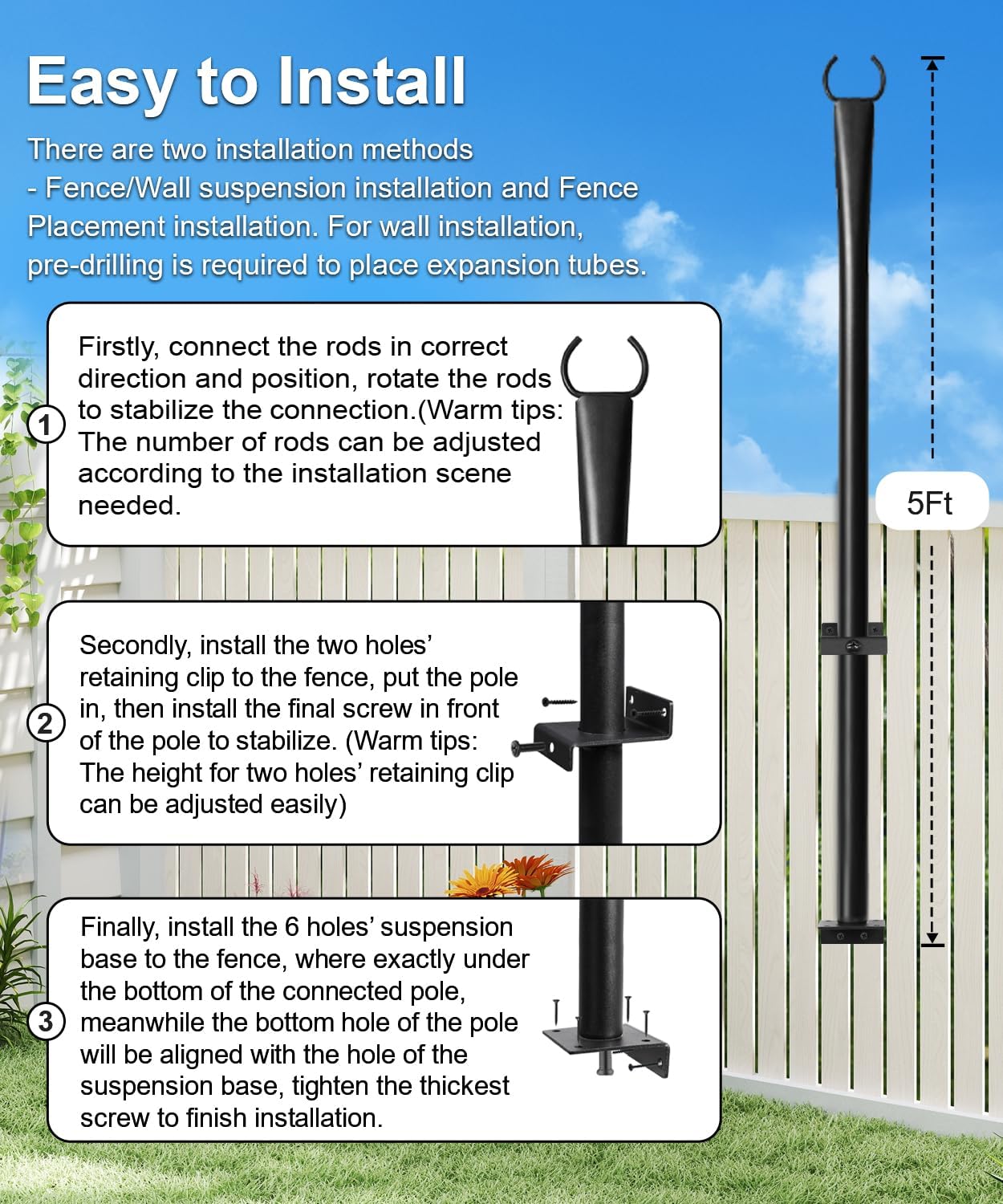 4 Pack String Light Poles for Deck, 5Ft Heavy-Duty Metal Deck Light Poles for Outside with Fixing Clips, Lighting Hanging Post Accessories for Patio Decor Garden Backyard Yard Fence Porch Decorations