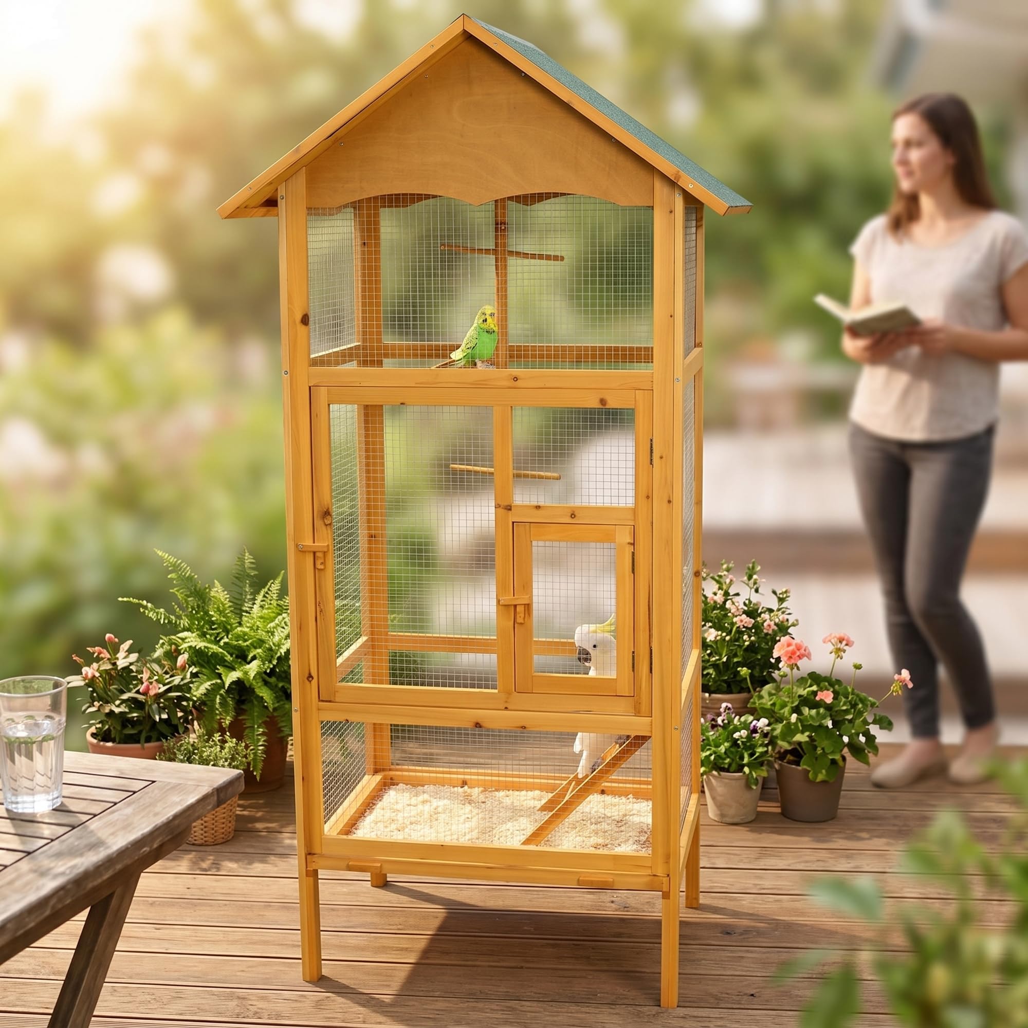Mucola Vogelvoliere Holz großer Vogelkäfig mit 2 Türen Vogelhaus mit Sitzstangen, Leiter und Kotschublade Außenvoliere 74 x 74 x 194 cm Zuchtkäfig Vogelhaus