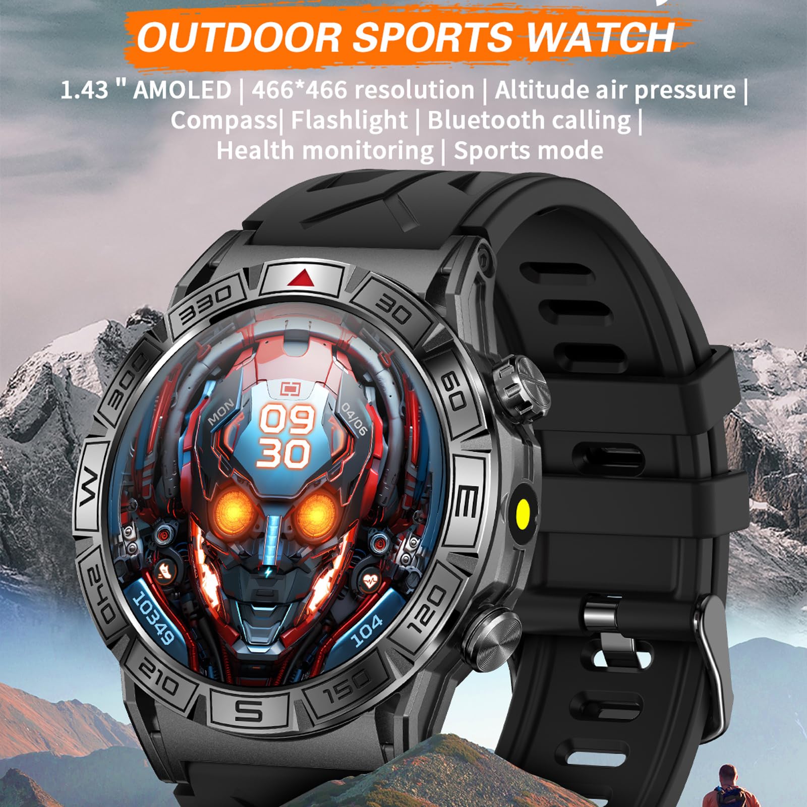 findtime Militärische Smartwatch Herren mit Telefonfunktion Kompass Taschenlampe Altimeter Barometer 1.43" AMOLED Robuste Outdoor Laufuhr für Android iOS