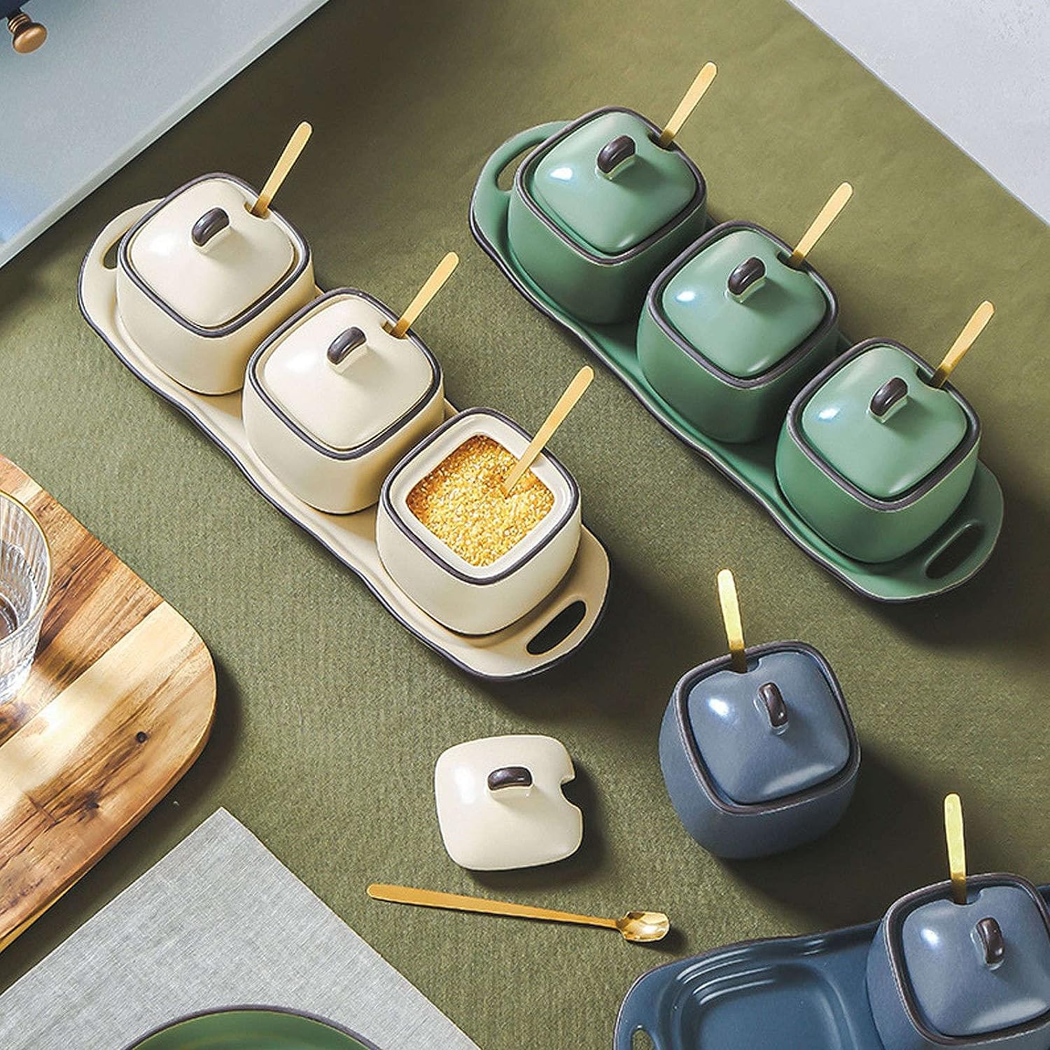 Salero Y Azucarero Cocina Recipiente De Cerámica Para Condimentos Con Tapas, Cucharas, Juego Tarros Para Especias, Organizador Para Sal Azúcar Caja De Almacenamiento