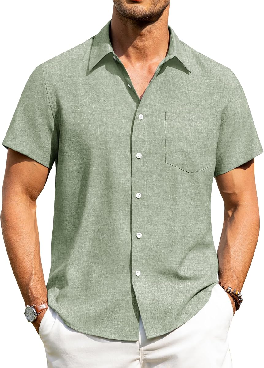 Alimens & Gentle Camisas de lino para hombre Camisas de manga corta con botones Sin arrugas Casual Vacaciones Playa Verano Tops