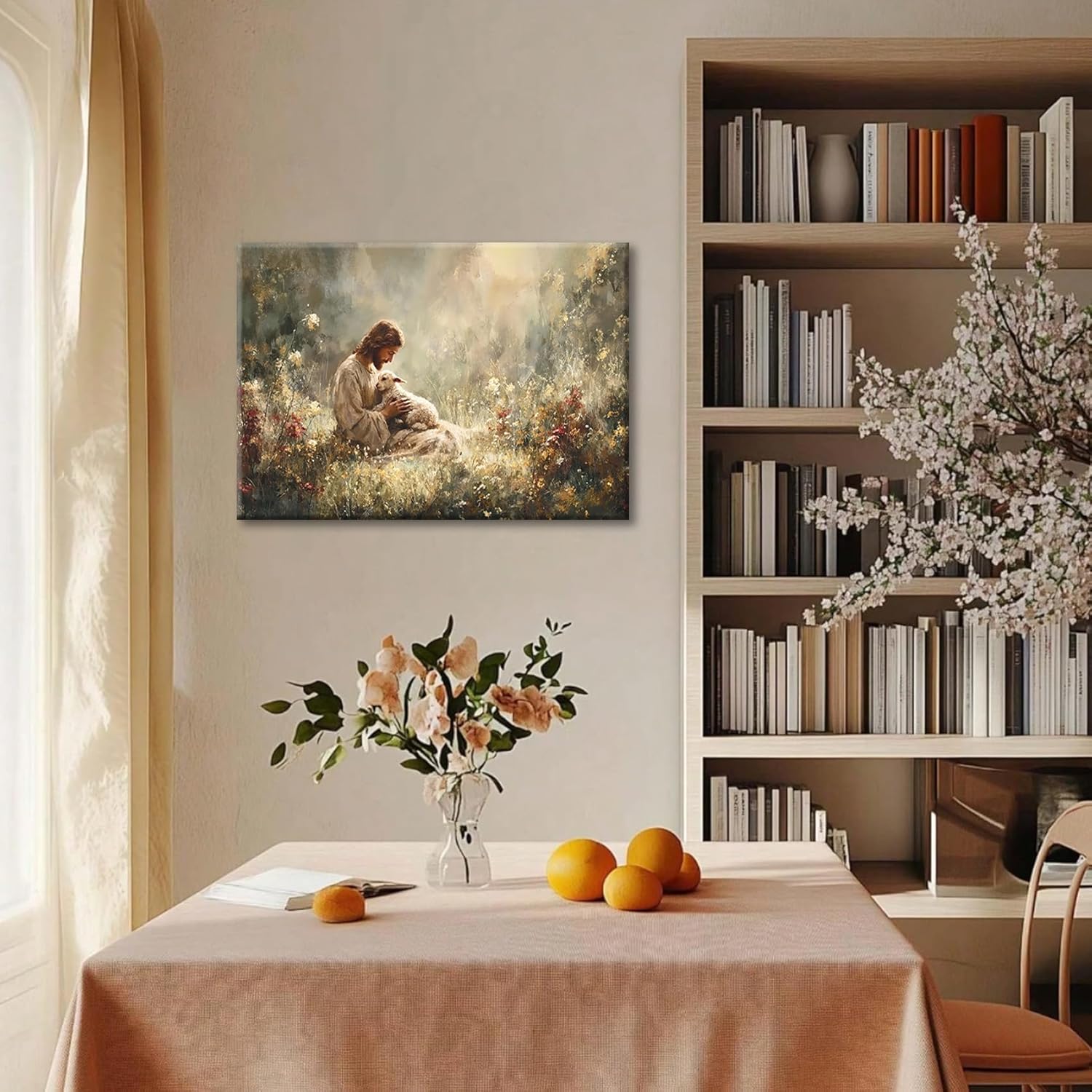 Jesus and Lamb Canvas Wall Art Jesus Holding The Lost Lamb Wall Decor Good Shepherd Poster God Leaves the 99 Sheep Pictures Christian Religious Painting for Living Room Church Prayer Room 24x16in