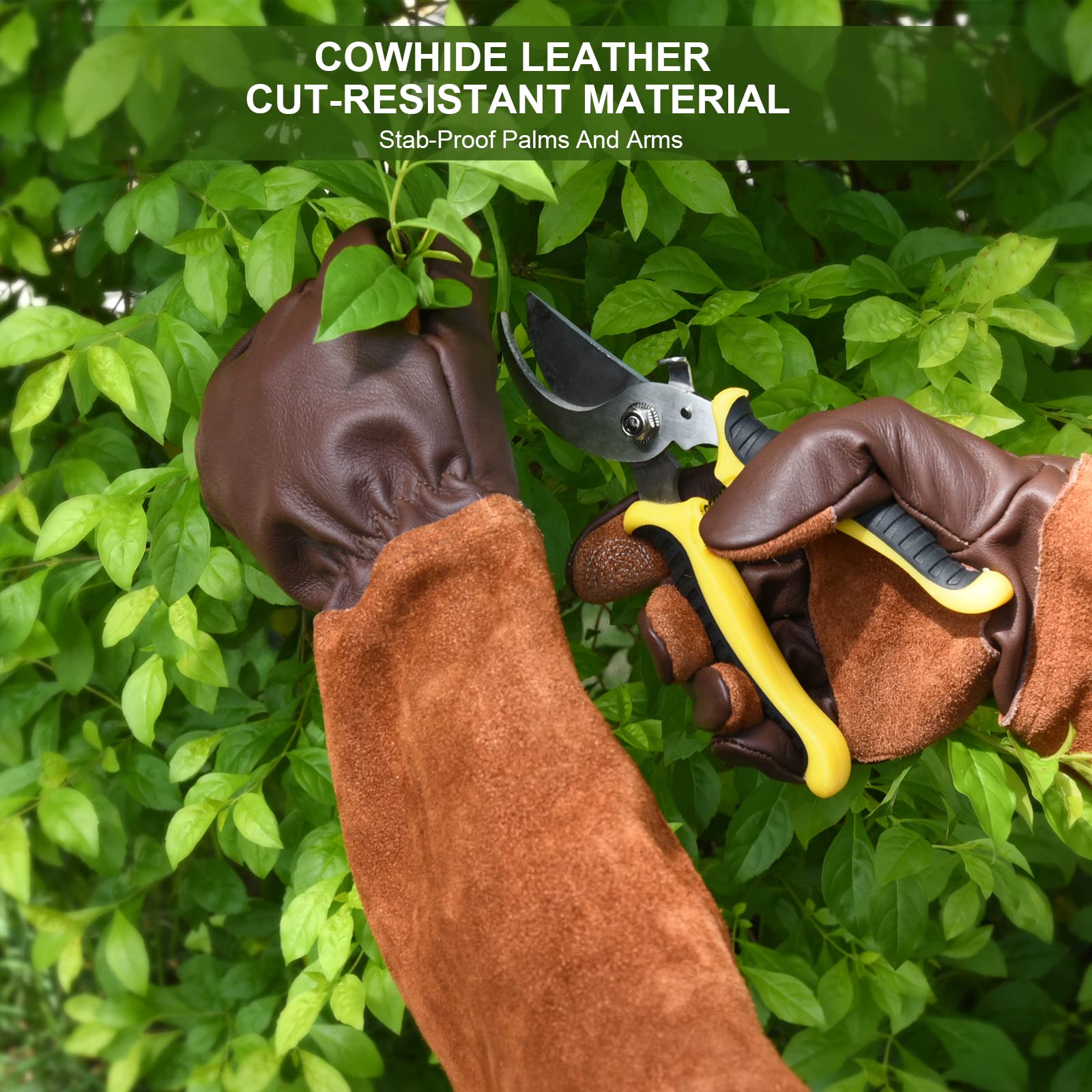 Lange Gartenhandschuhe für Damen, dornsicher, rosenbeschneidend, Rindsleder, Gartenhandschuh für Kakteen, Rosen und Brombeere (Größe M, Dunkelbraun)