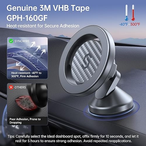Miniatura 5 de SYNCWIRE Soporte magnético para teléfono MagSafe para automóvil, soporte magnético de Kevlar para el tablero del automóvil, rotación de 360°,