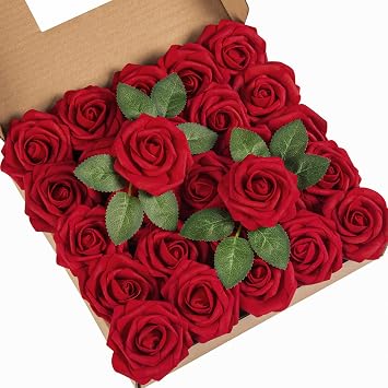 DuHouse Artificial Roses 25Pcs Fake Foam Rose Flowers Weeding(Dark Red)
