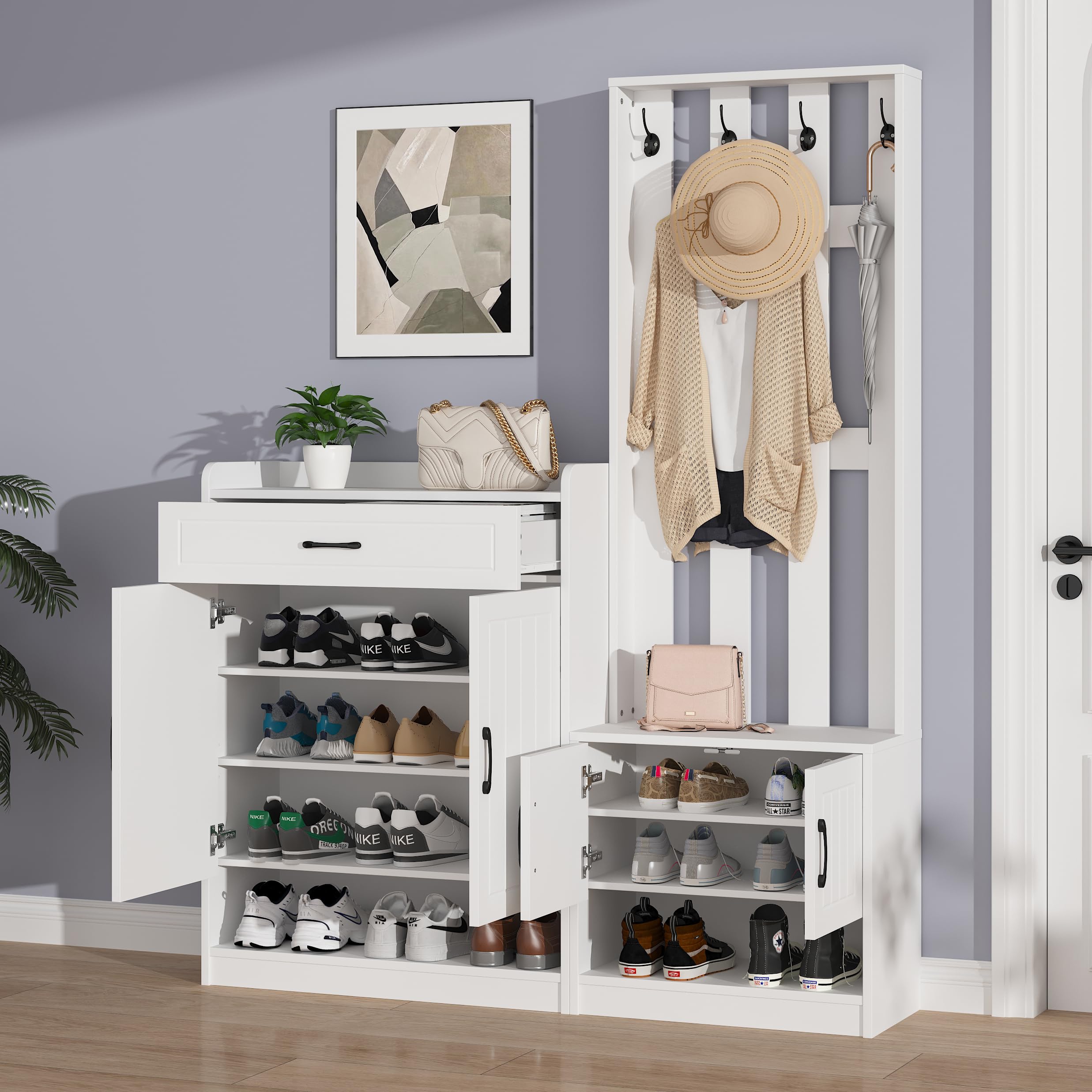 Garderobenset Wandgarderobe, Garderoben Set mit Schuhbank und Wandpaneelen, Garderobenständer, Flurgarderobe Set mit Schubladen und Türen, Flurtrockenständer, Weiß Flurmöbel 140.6x32x180 cm