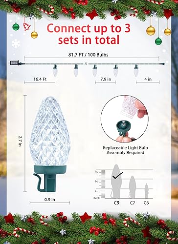 Miniatura 4 de Luces LED C9 de Navidad para exteriores, 81 pies, 100 luces LED con temporizador y 8 modos de iluminación, impermeable, grado comercial, extensible,