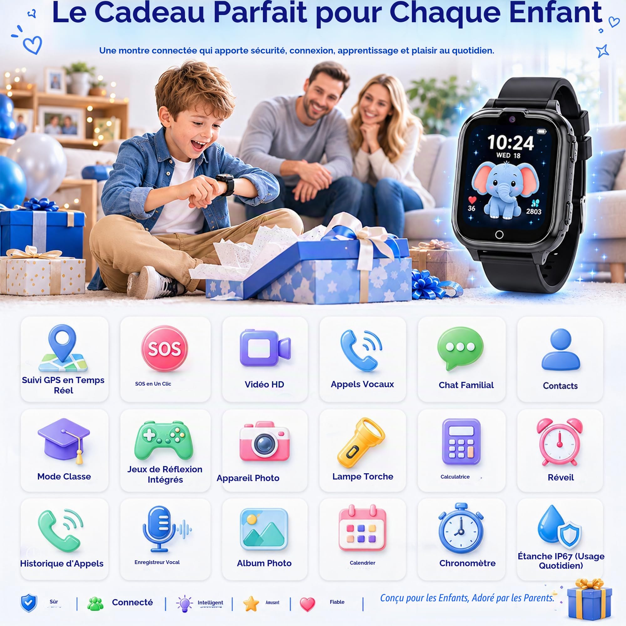Montre Connectée Enfant GPS 4G Appel Vidéo SOS Chat Familial Podomètre