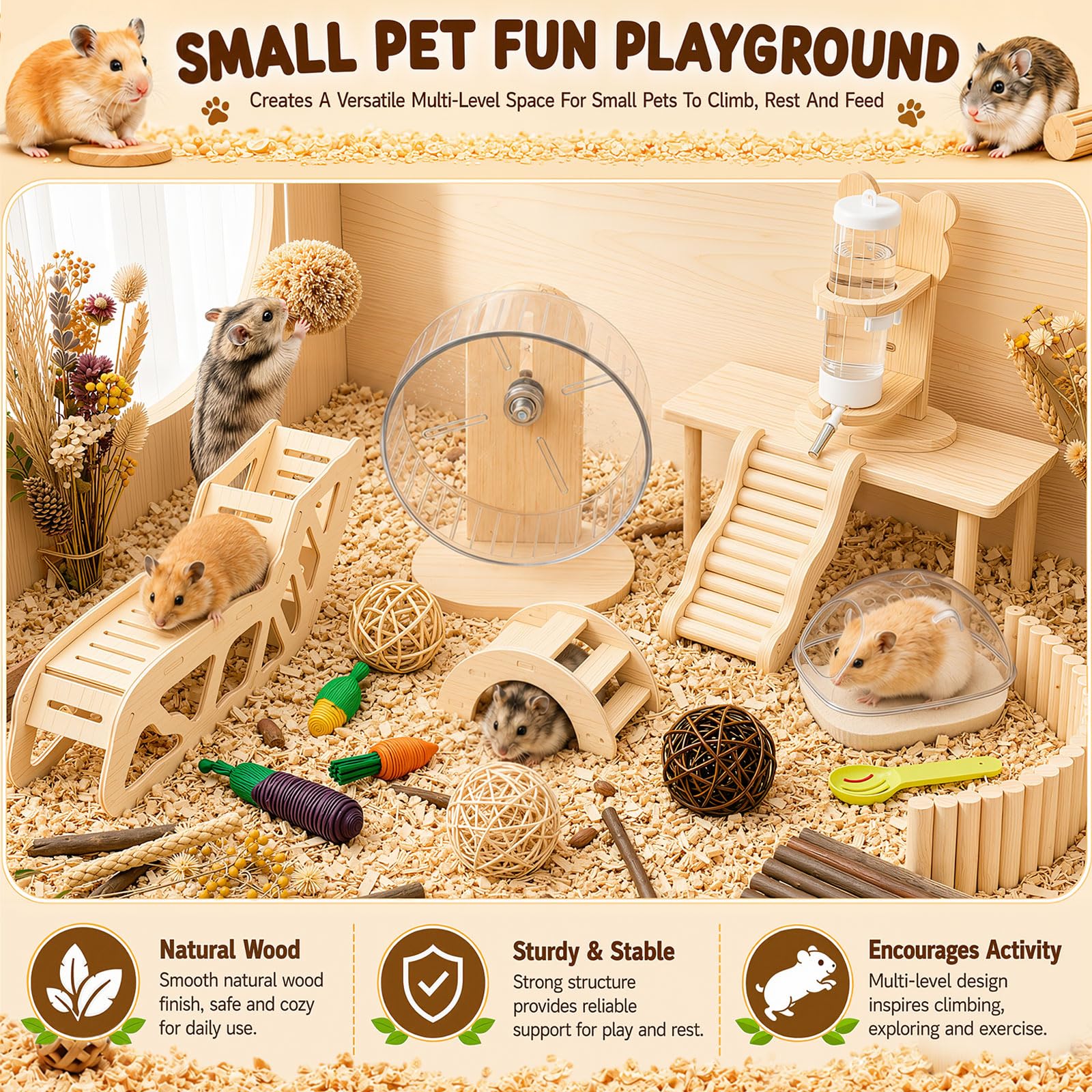 Marsui 17-teiliges Hamsterkäfig-Zubehör, inklusive Hamsterplattform, Versteck, Tunnel, leises Rad, Kletterleiter, Zaun, Wasserflaschen-Set mit Sandspiel, Kauspielzeug für kleine Tiere